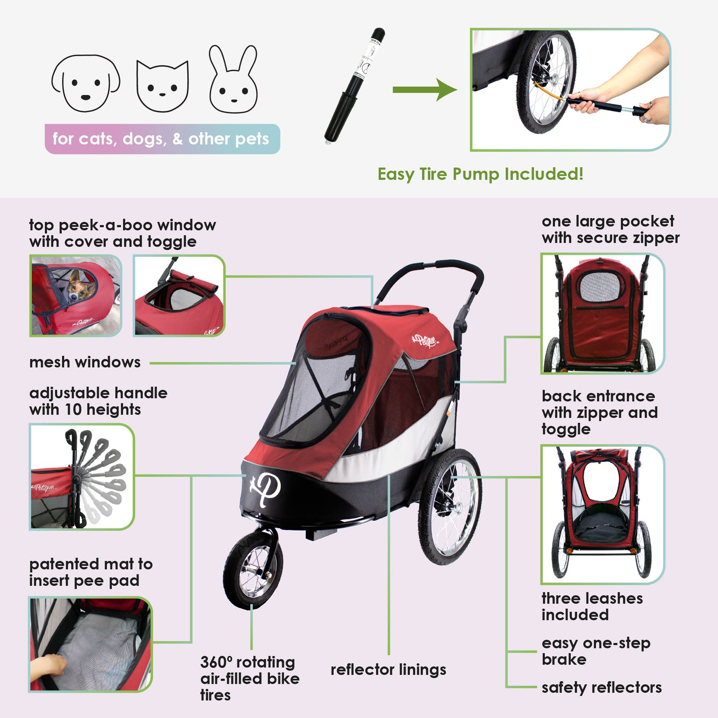 Trailblazer Pet Jogger/Stroller, Bike Trailer, Shock Absorbing Bike Wheels, Large Entry Way, Peek-a-boo Window, Small/Medium/Large Dogs, Cats and Pets, Supports up to 77LBS