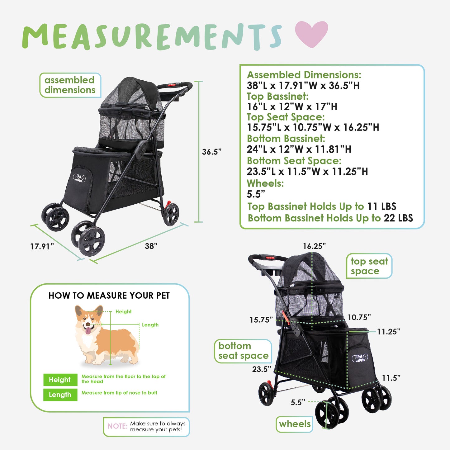 double decker pet stroller measurements