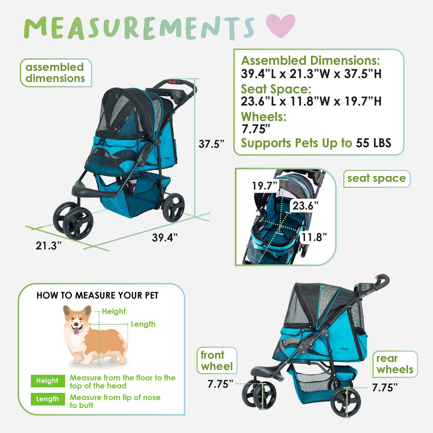 durable pet stroller measurements
