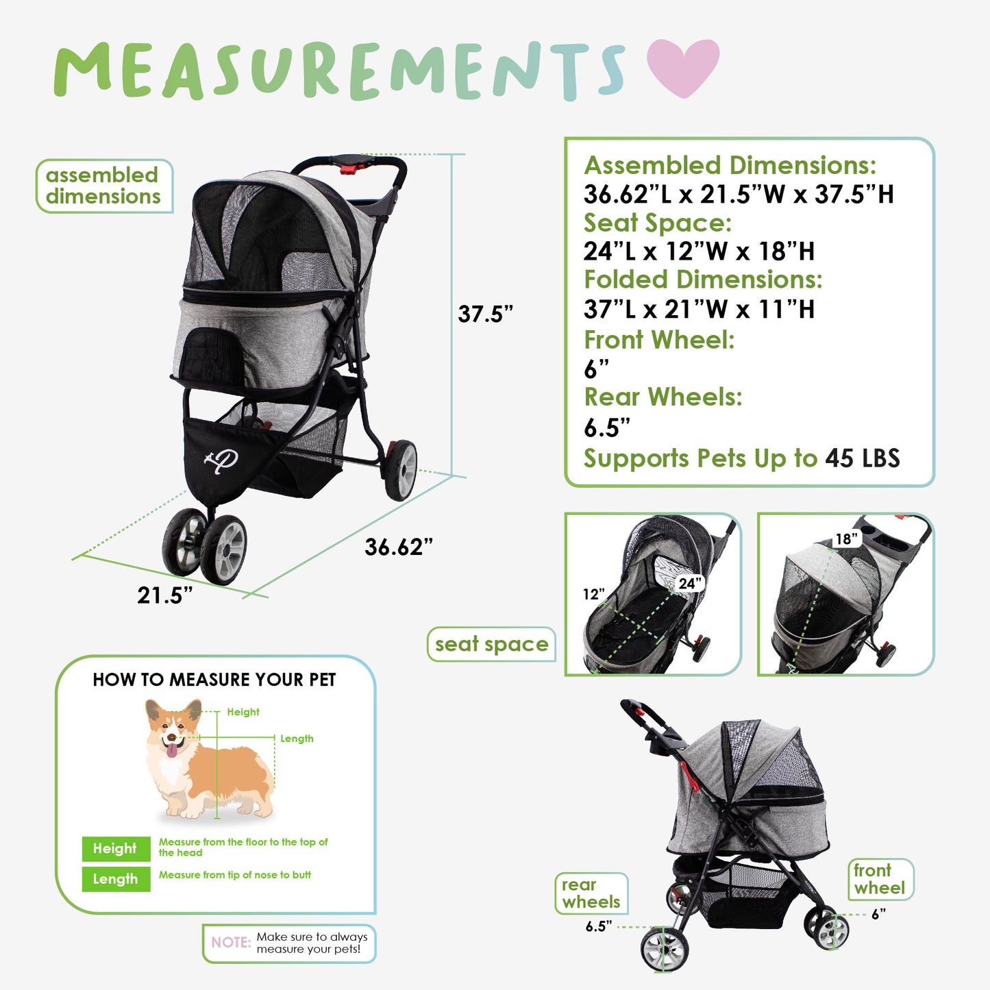 glacier pet stroller measurements