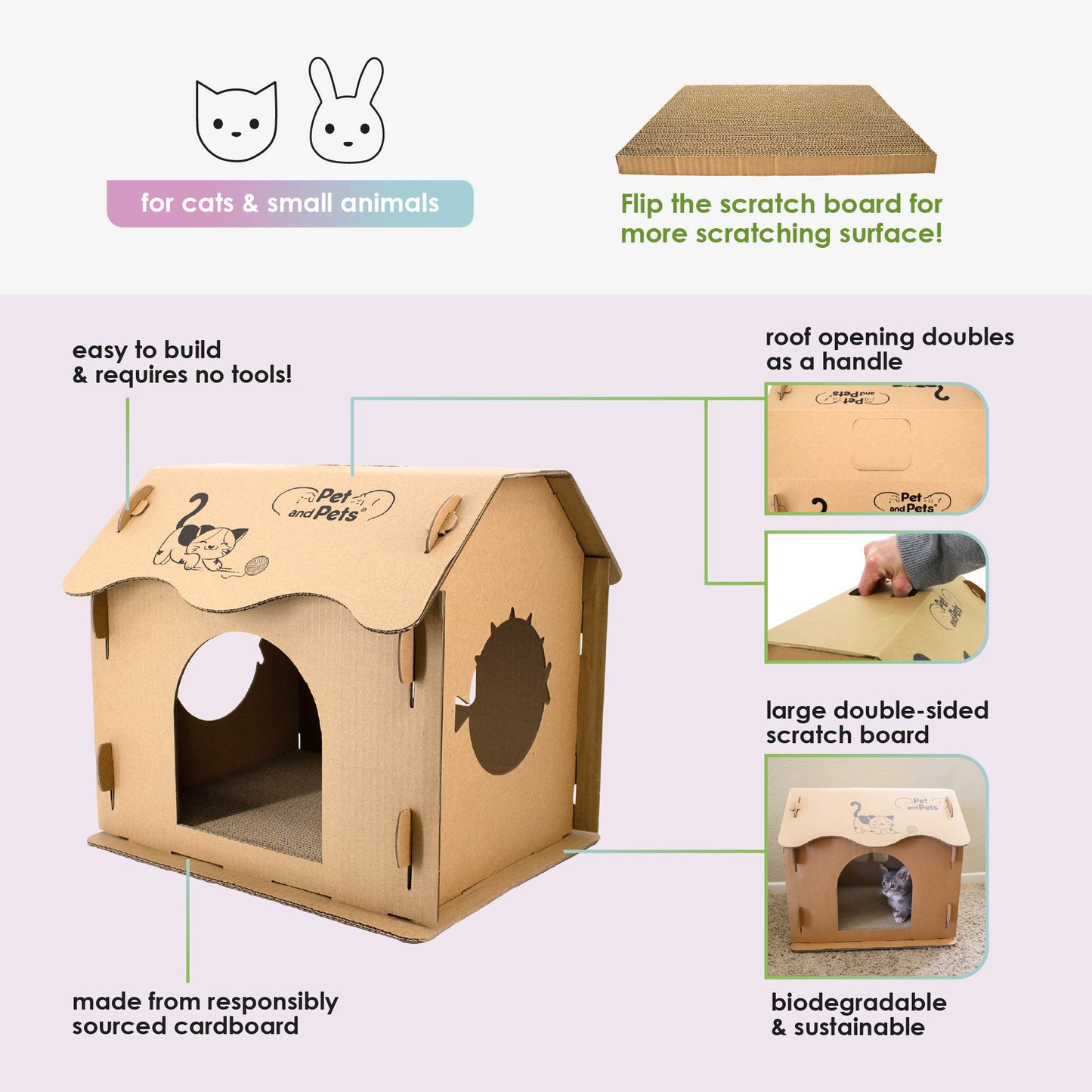 Scratch Pad Cat House: Large Double-Sided Scratch board, 100% Non-Toxic, Eco-Friendly, Sturdy, Easy to Build, Lightweight, Durable Cardboard, No Formaldehyde, Sustainable, Compostable, Recyclable, for Cats, Bunnies, Small Animals