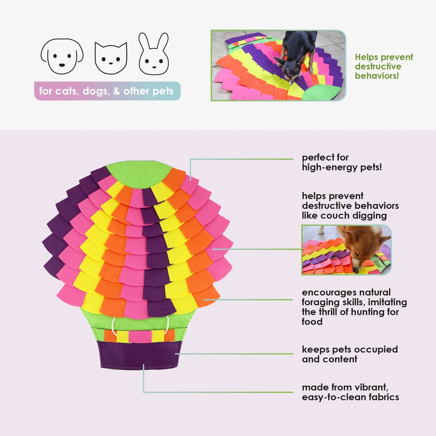 Snuffle Mat Puzzle Pad: Tropical Hot Air Balloon: Colorful Felt for Treats, Interactive & Engaging, Easy to Clean. Benefits: Mental & Physical Stimulation, Prevents Destructive Behavior, Slows Eating, Encourages Foraging Skills, for Pets