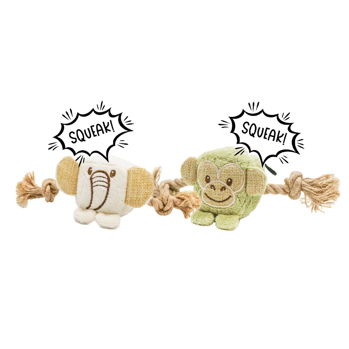 Mini Hemp Chunky Monkey and Elephant Dog Toys: Fun Squeaker & Hemp Rope, Stimulates Mentally & Physically, Cute Block Head with Squeaker, Tough Hemp for Chewing & Fetching, Non-Toxic, Cleans Teeth, for Pets