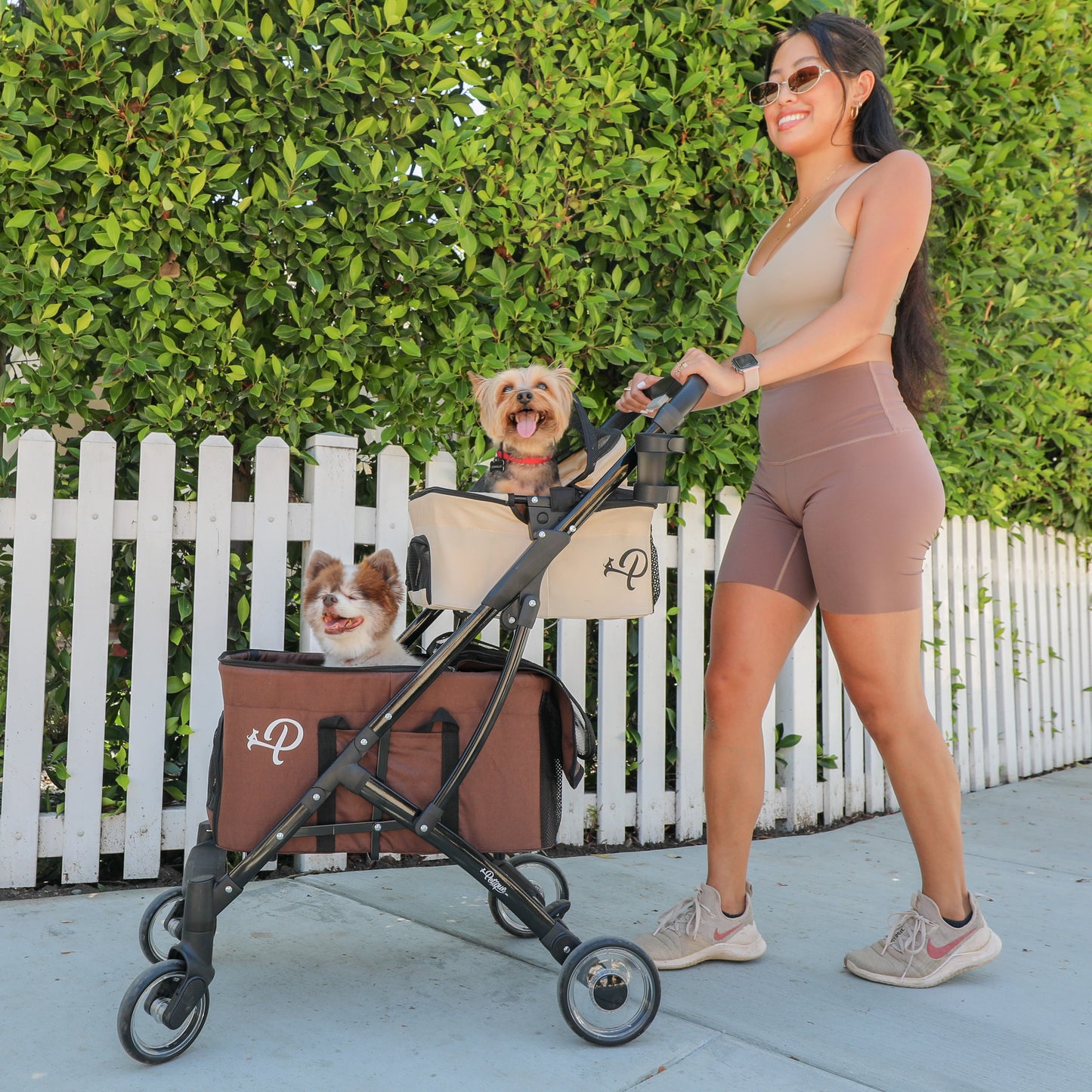 Deluxe Double Decker Pet Stroller - Dual Bassinets, Washable Pee Pads, Adjustable Leashes, Mesh Windows, Cup Holders, Storage Pockets, One-Hand Fold, Lightweight for Dogs/Cats/Pets