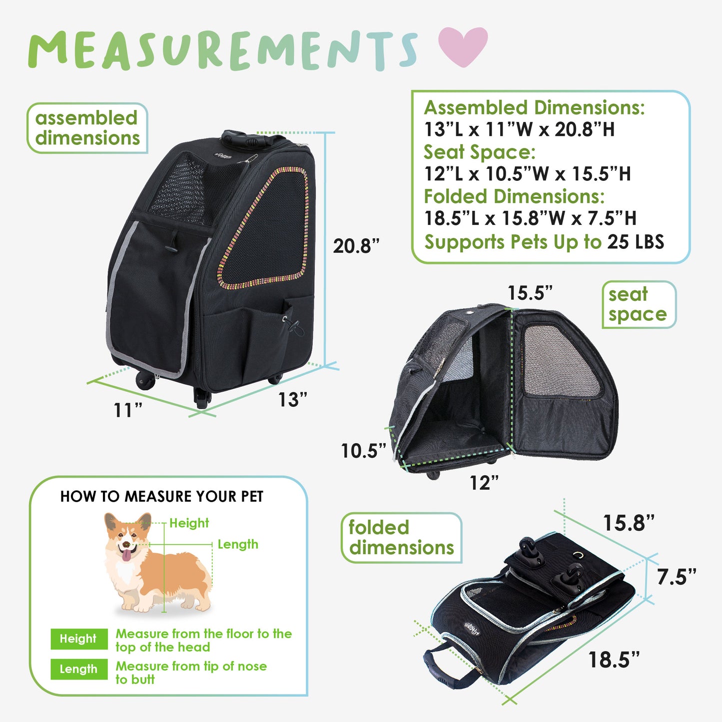 5-in-1 pet carrier measurements