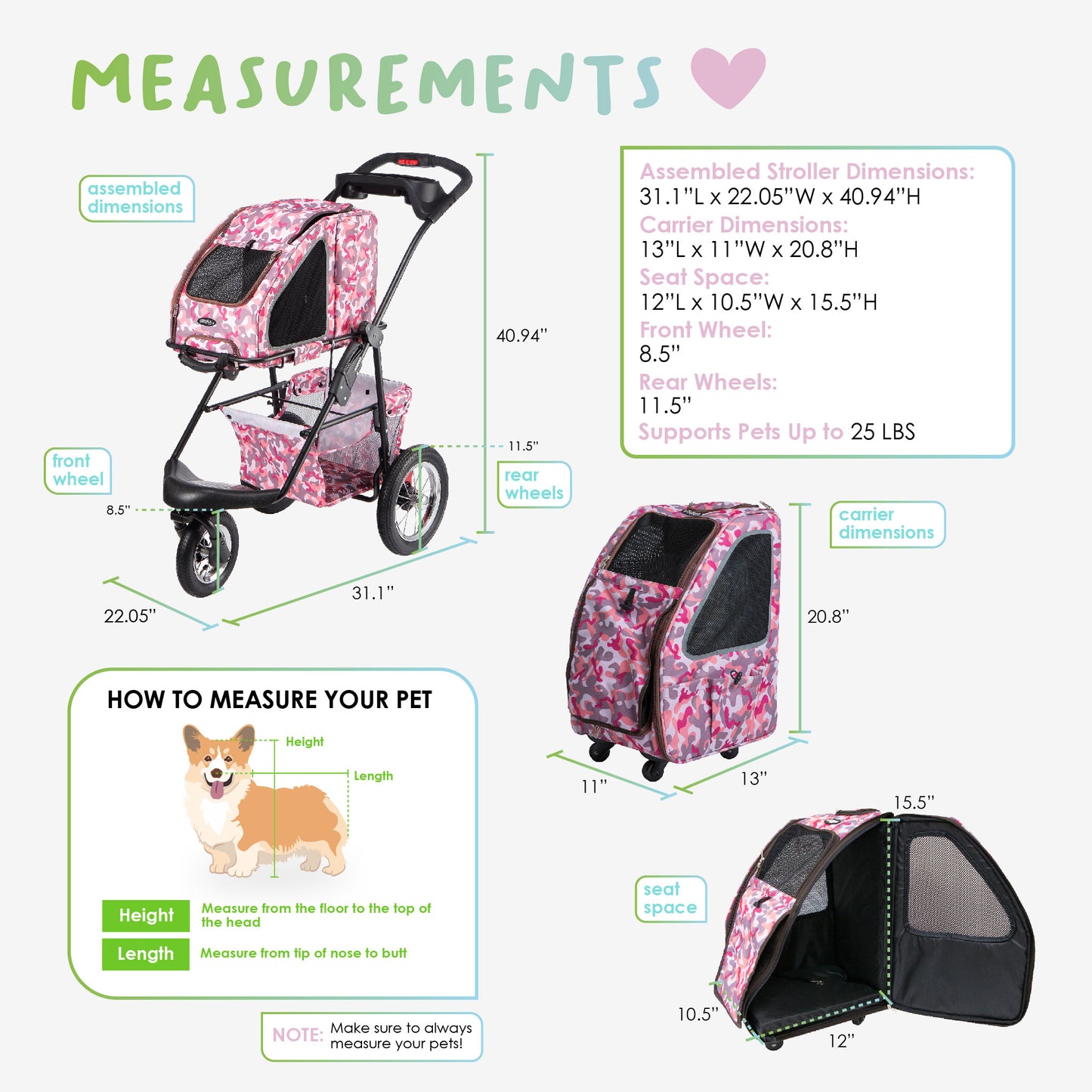 5-in-1 pet stroller measurements