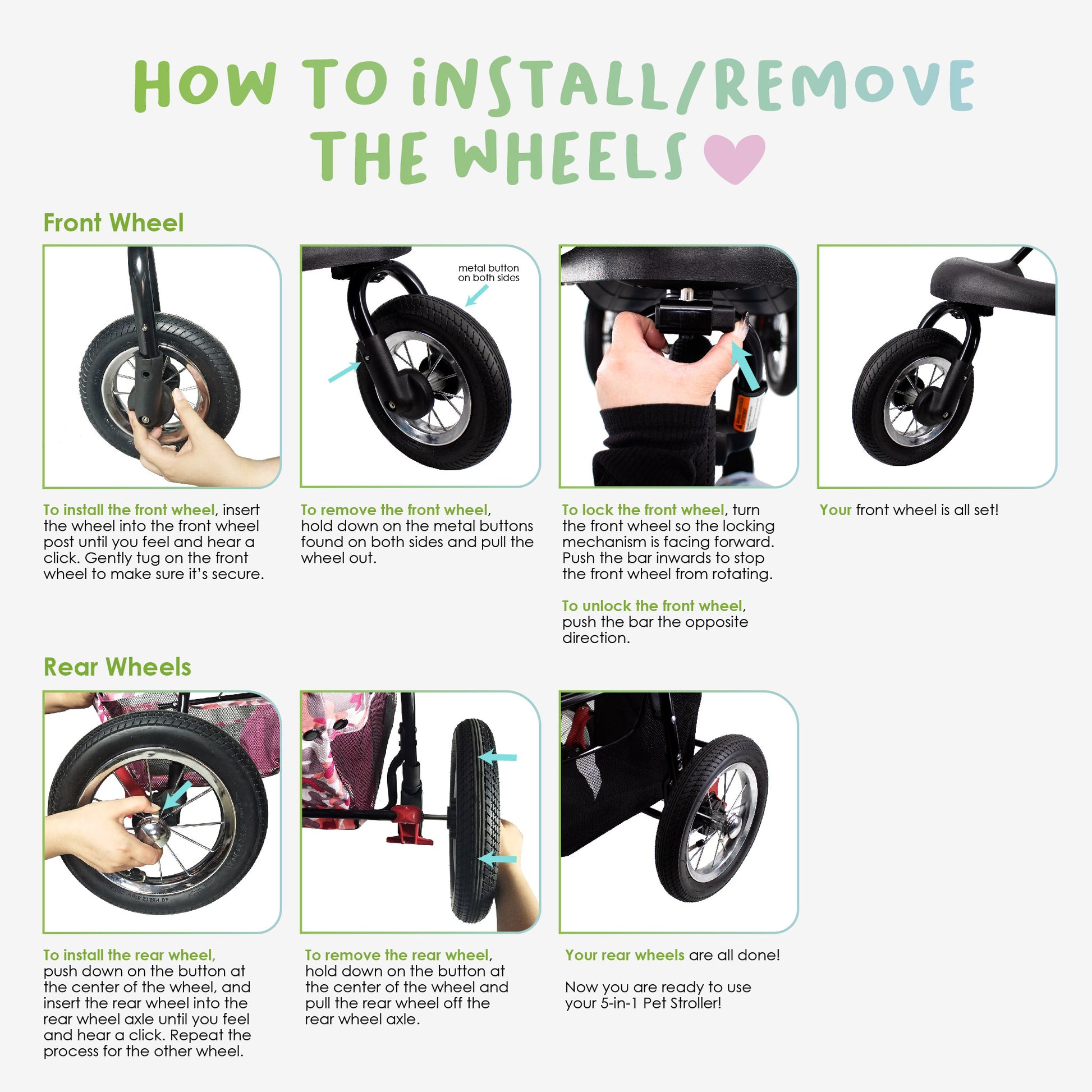 how to install and remove wheels 5-in-1 pet stroller