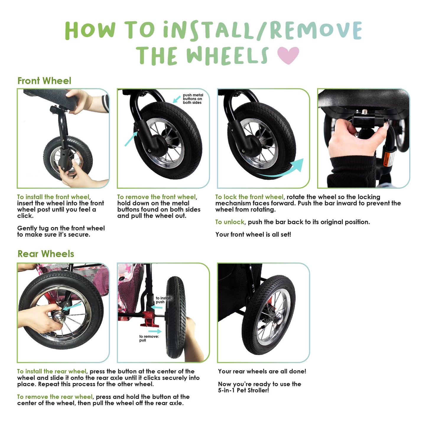 how to install and remove wheels 5-in-1 pet stroller