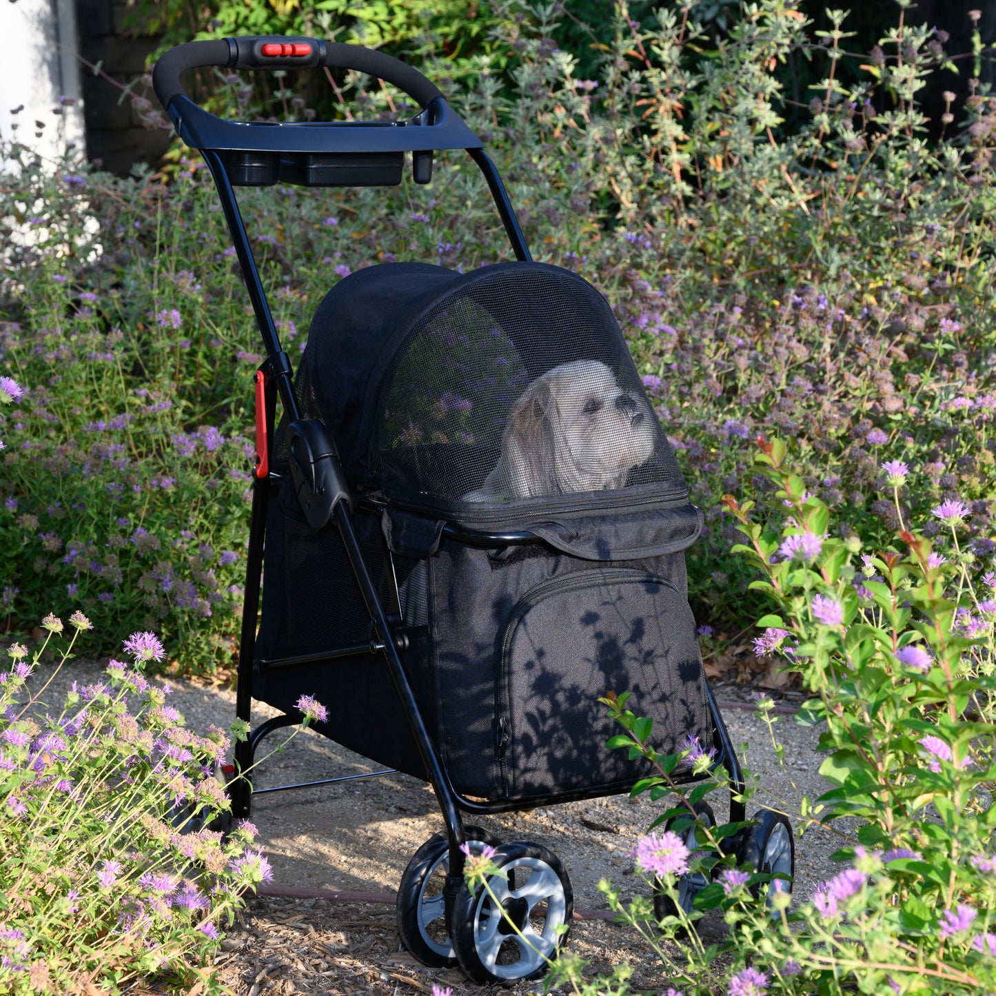 Simplicity Pet Stroller: Lightweight & Durable, One-Hand Fold, Safety Brakes, Mesh Ventilation, Front Entry, Cup Holder, 2 Leashes, Ideal for Small Pets, Seniors, Injured, Anxiety Relief, Travel & Outdoor Adventures, Supports Up to 45lbs