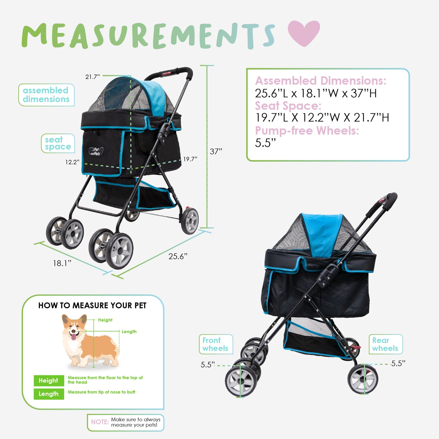 measurements swift pet stroller turquoise