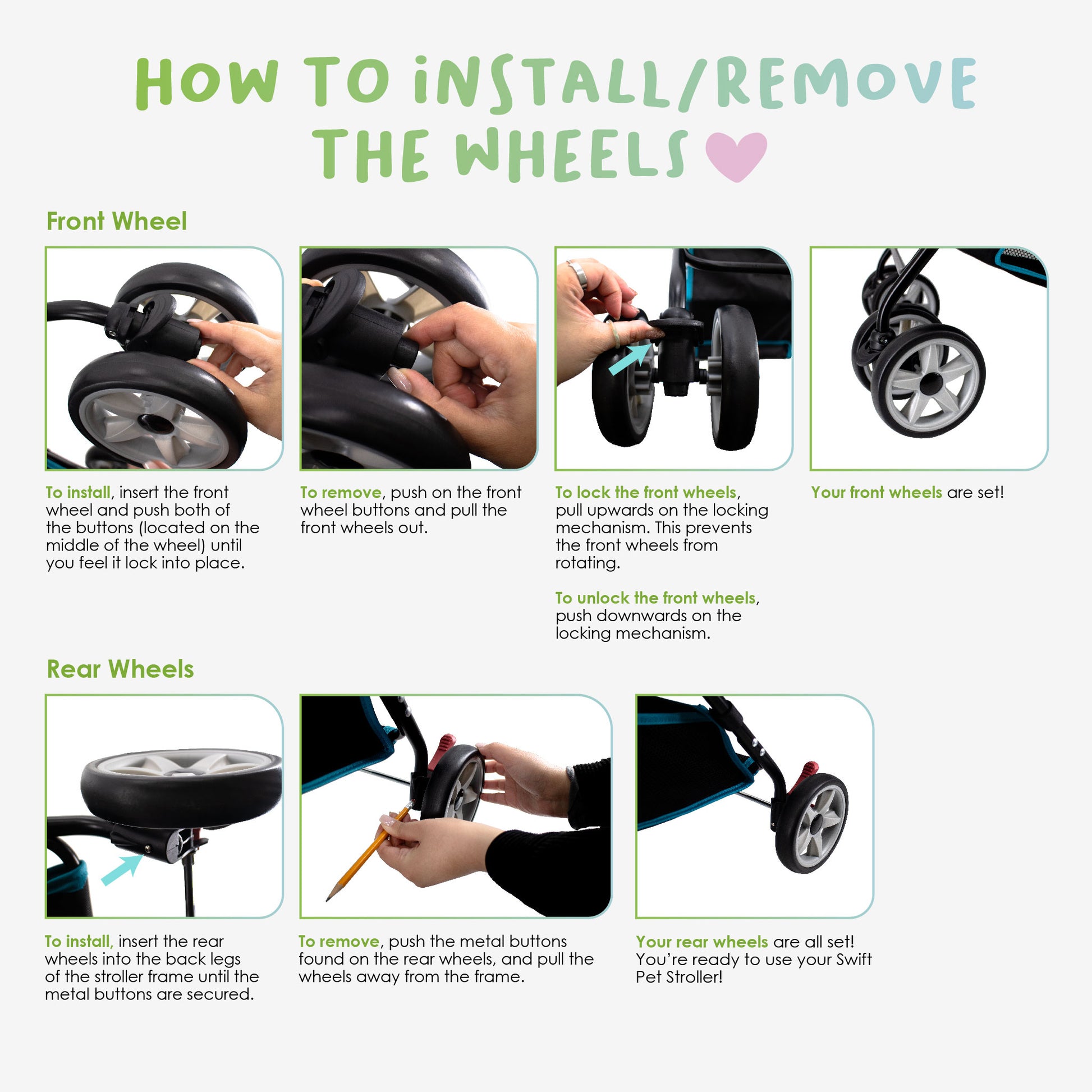 how to install and remove wheels for petique pet stroller