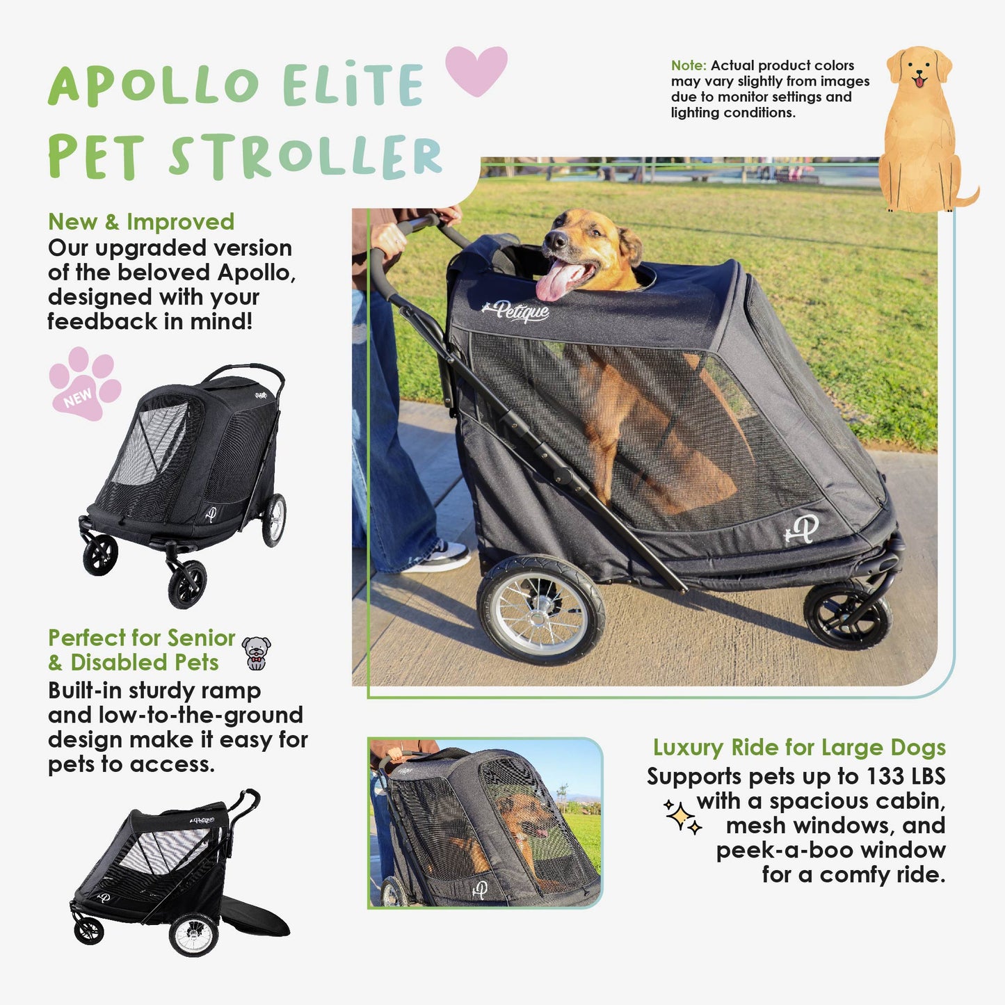 NEW & IMPROVED Apollo Elite Pet Stroller: Sturdy Ramp, Low to Ground, Air-Filled Bike Tires, Peek-a-Boo Window Folds Compact, Convertible Canopy, For Large & Multiple Dogs, Supports up to 133 LBS