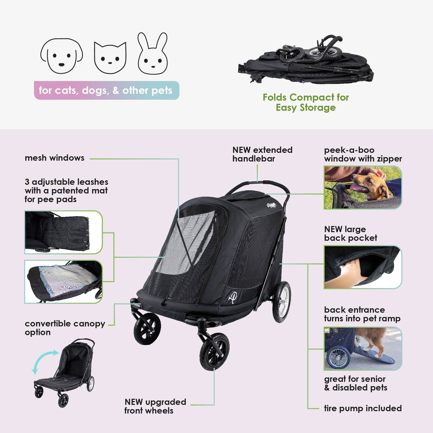 NEW & IMPROVED Apollo Elite Pet Stroller: Sturdy Ramp, Low to Ground, Air-Filled Bike Tires, Peek-a-Boo Window Folds Compact, Convertible Canopy, For Large & Multiple Dogs, Supports up to 133 LBS