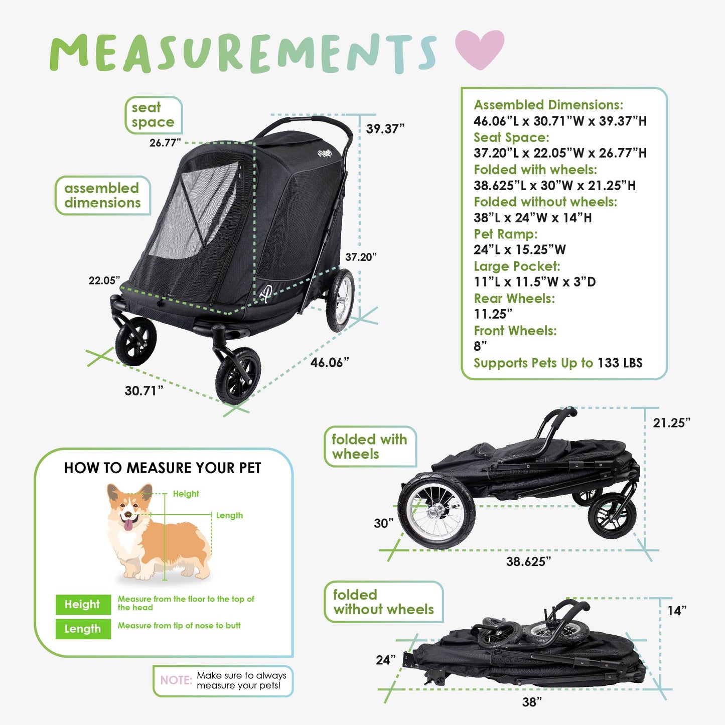 NEW & IMPROVED Apollo Elite Pet Stroller: Sturdy Ramp, Low to Ground, Air-Filled Bike Tires, Peek-a-Boo Window Folds Compact, Convertible Canopy, For Large & Multiple Dogs, Supports up to 133 LBS