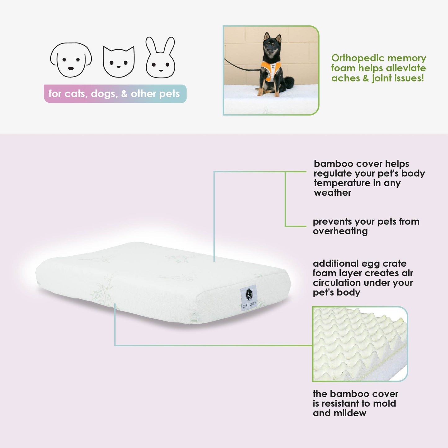 PETIQUE Bamboo Orthopedic Memory Foam Pet Bed - Small/Medium/Large, Sustainable, Non-Toxic, Hypoallergenic, for Dogs/Cats/Other Animals
