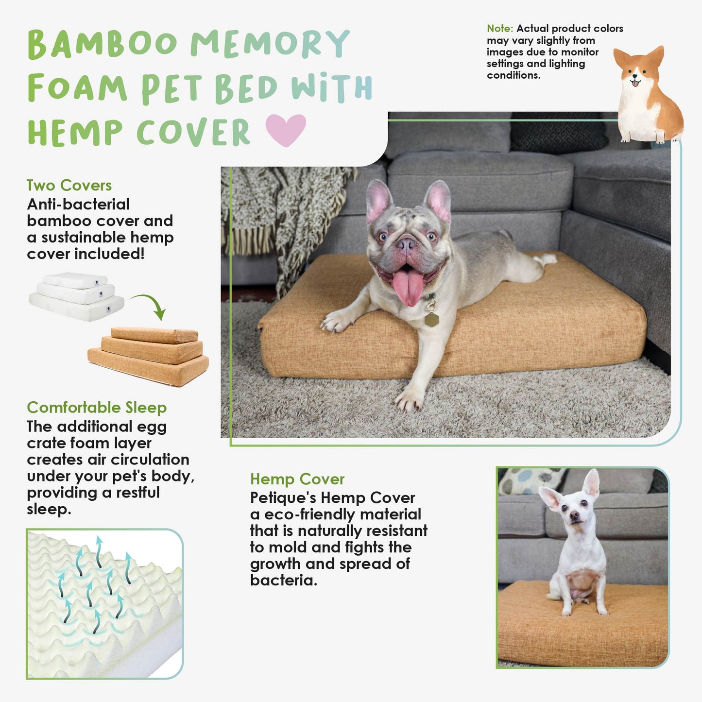 Bamboo Memory Foam Pet Bed WITH HEMP COVER
