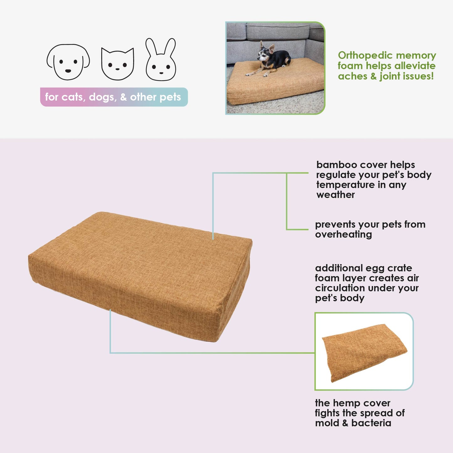Bamboo Memory Foam Pet Bed WITH HEMP COVER