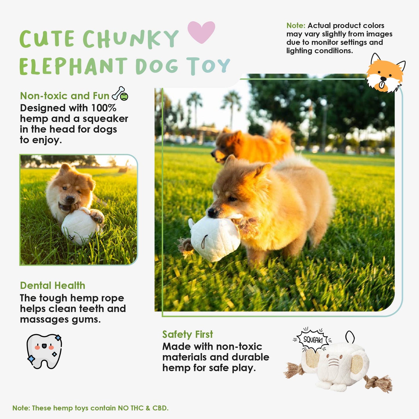 Cute Chunky Elephant Dog Toy: Fun Squeaker & Hemp Rope, Mentally & Physically Stimulates Pets, Cute Block Head with Stuffing & Squeaker, Tough Hemp for Chewing & Fetching, Non-Toxic, Cleans Teeth, Variety of Textures, for Pets