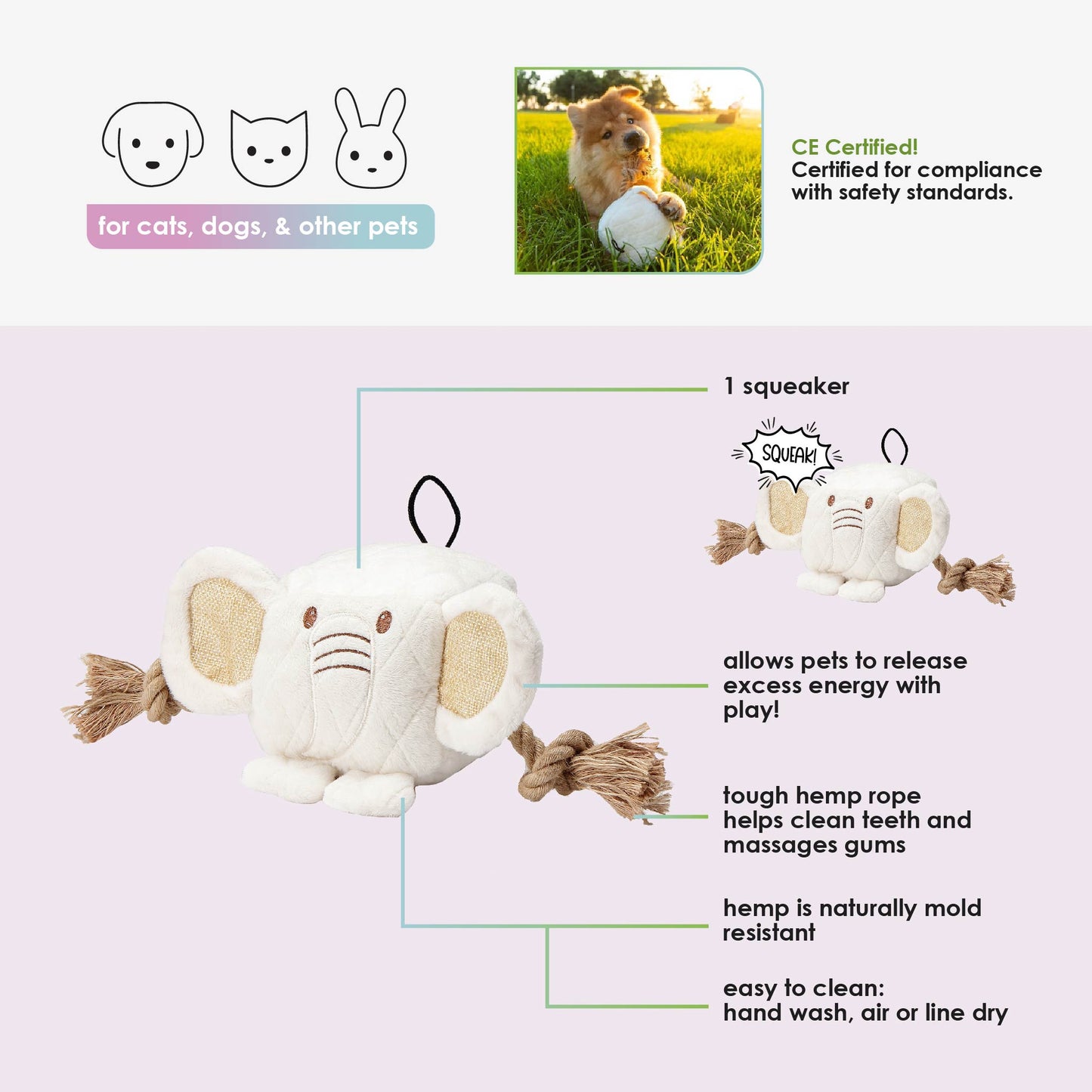 Cute Chunky Elephant Dog Toy: Fun Squeaker & Hemp Rope, Mentally & Physically Stimulates Pets, Cute Block Head with Stuffing & Squeaker, Tough Hemp for Chewing & Fetching, Non-Toxic, Cleans Teeth, Variety of Textures, for Pets