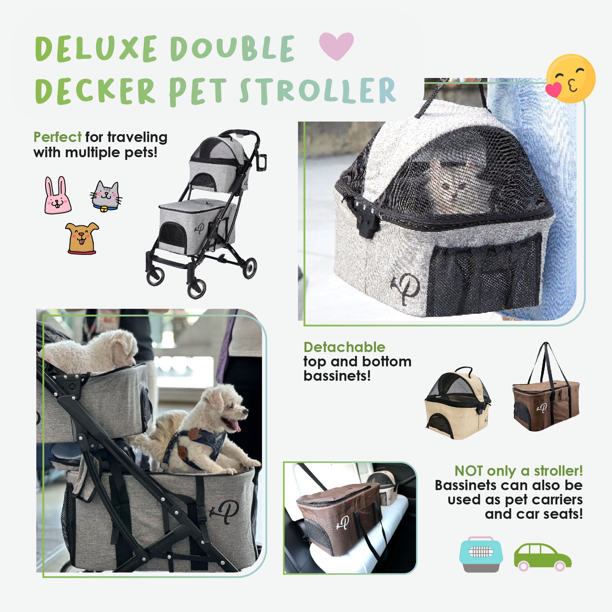 Coche Doble Carrito Paseo Decker Pet Bus Ibiyaya Perros Gatos 21 Kg