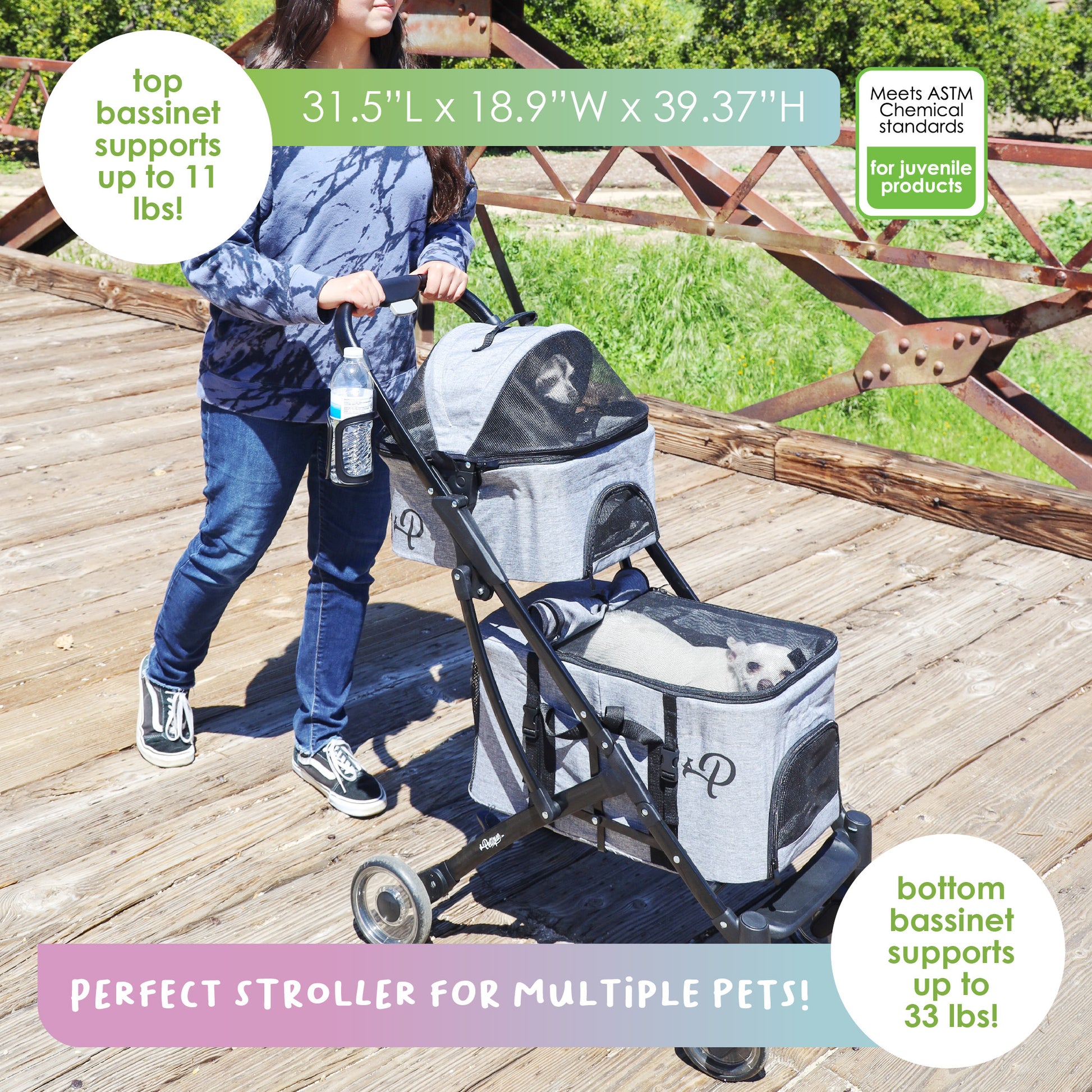 pet stroller supports up to 11 LBs and 22 LBs