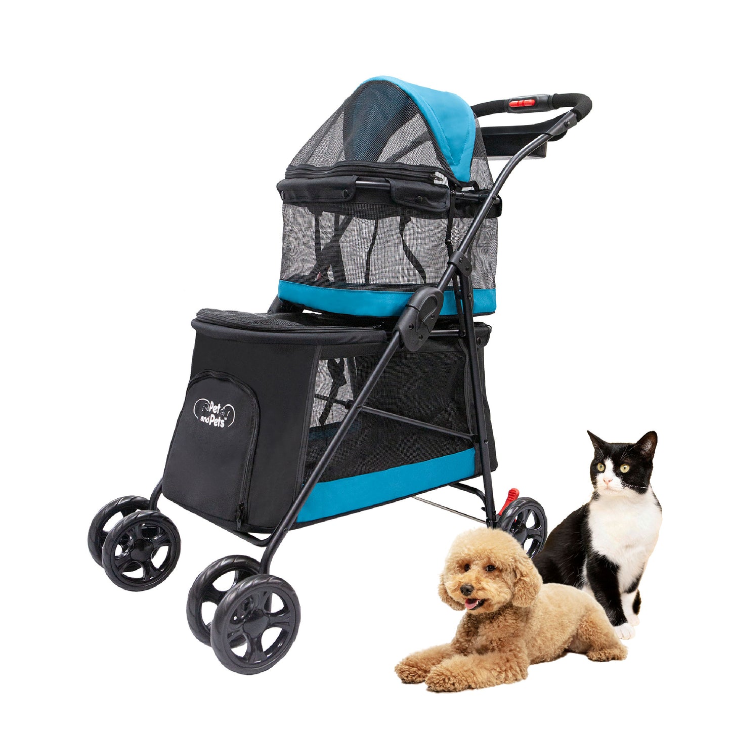 Double Decker Pet Stroller - BLACK: Dual Bassinets for Multiple Pets, Removable Pee Pads, Adjustable Leashes, Mesh Windows, Swivel Wheel, One-Hand Fold, Lightweight, for Small/Medium Dogs/Cats/Pets