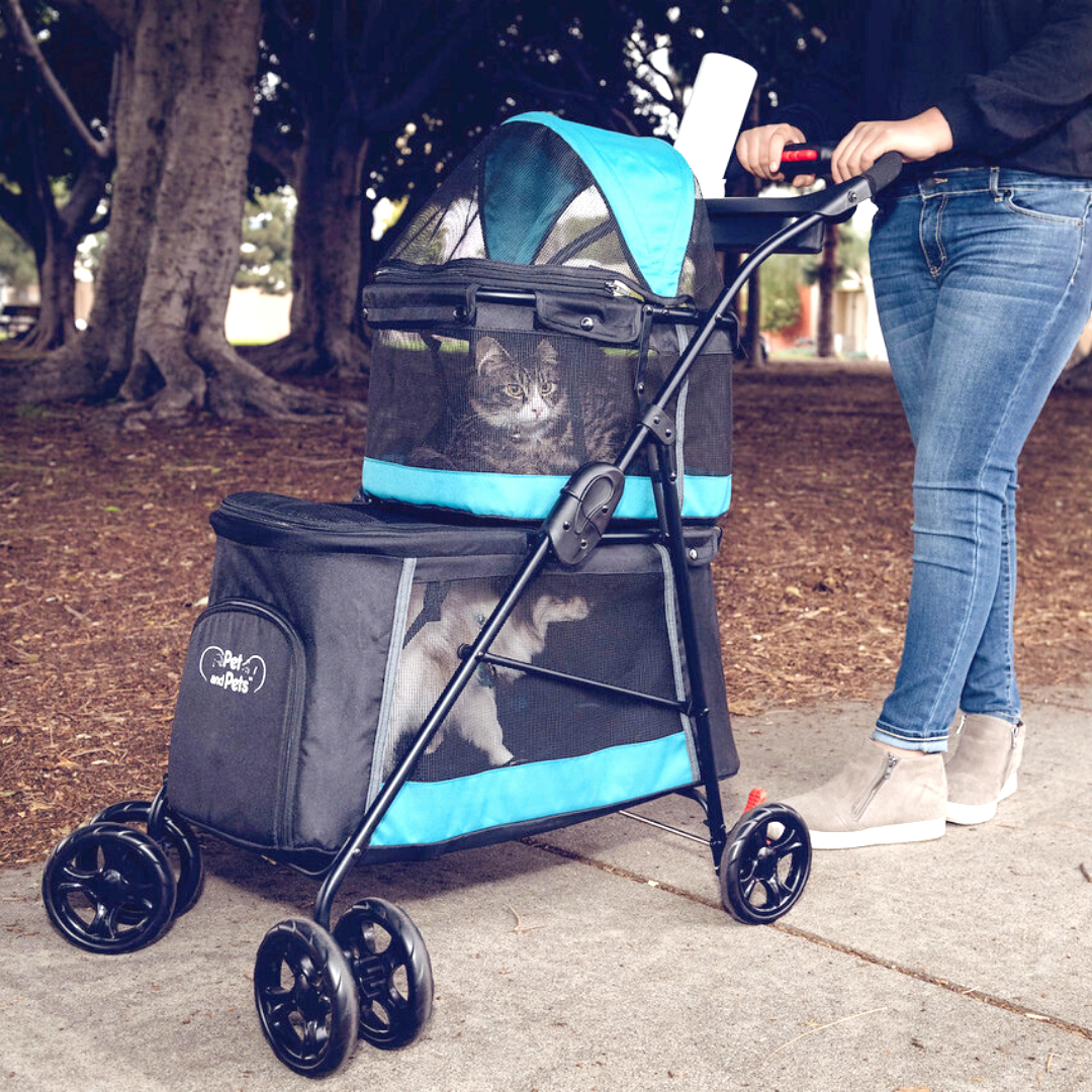 Double Decker Pet Stroller - BLACK: Dual Bassinets for Multiple Pets, Removable Pee Pads, Adjustable Leashes, Mesh Windows, Swivel Wheel, One-Hand Fold, Lightweight, for Small/Medium Dogs/Cats/Pets