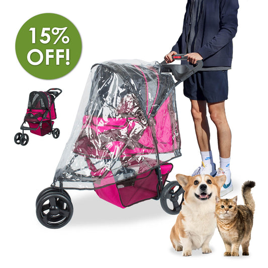 Petique Durable Pet Stroller with Rain/Weather Cover, Large Wheels, Easy Fold, Large Storage Basket, Secure Cup Holder Tray, for Small to Medium Dog, Cat, Bunny, Supports pets up to 55LBS - PINK