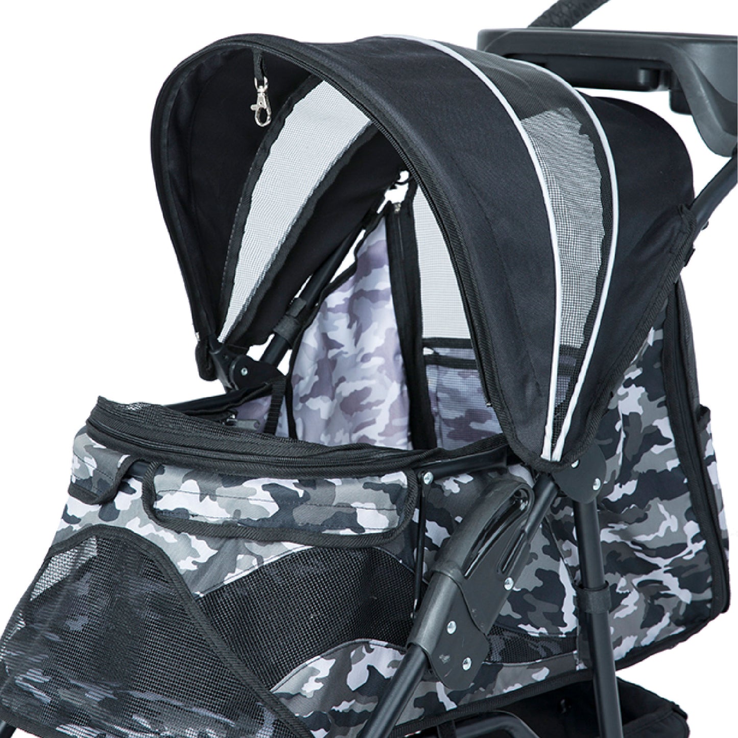 close up on black camo pet stroller