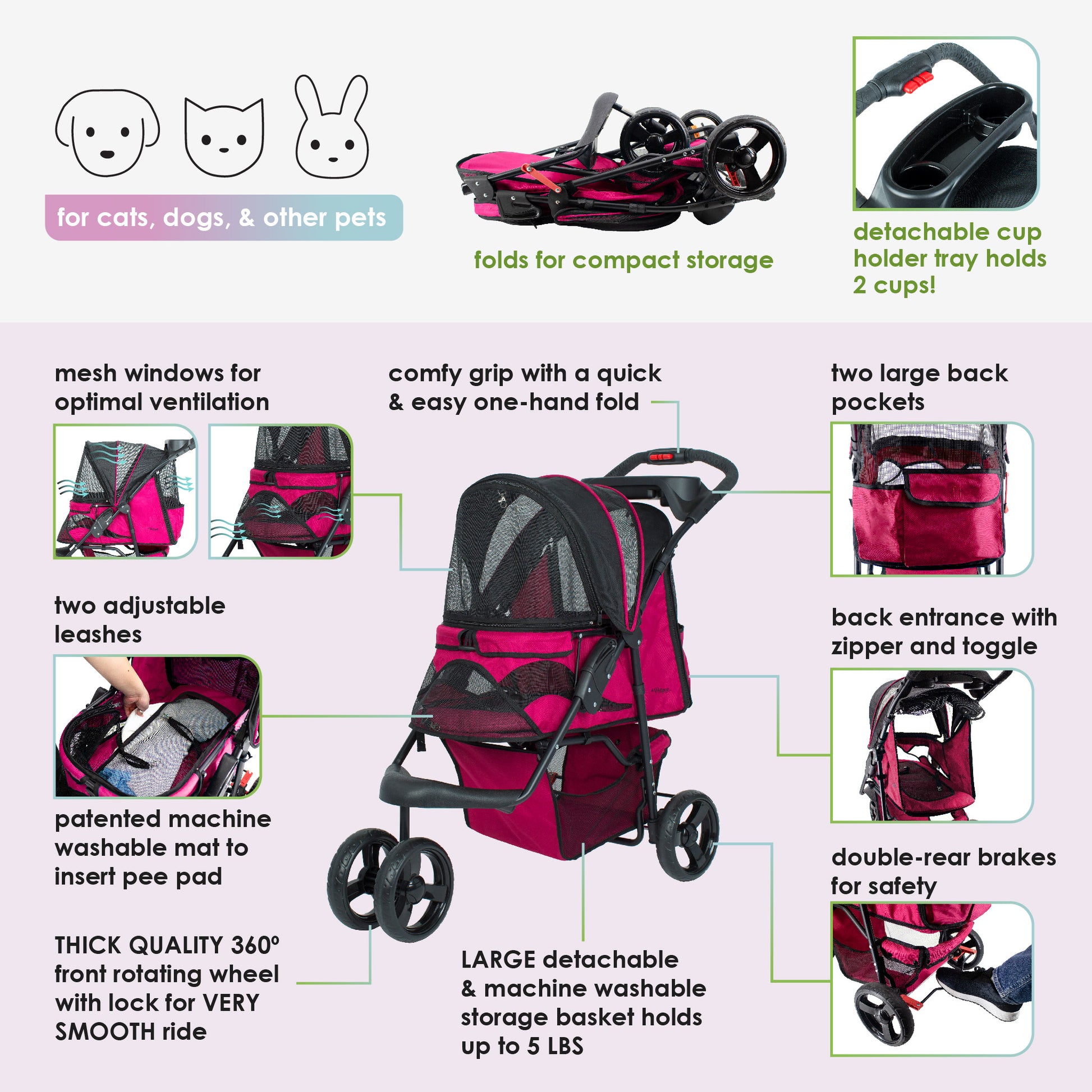 pink durable pet stroller features