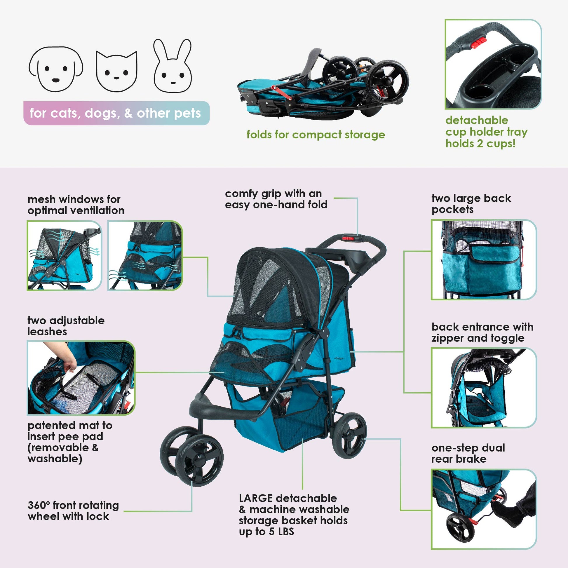 pink durable pet stroller features
