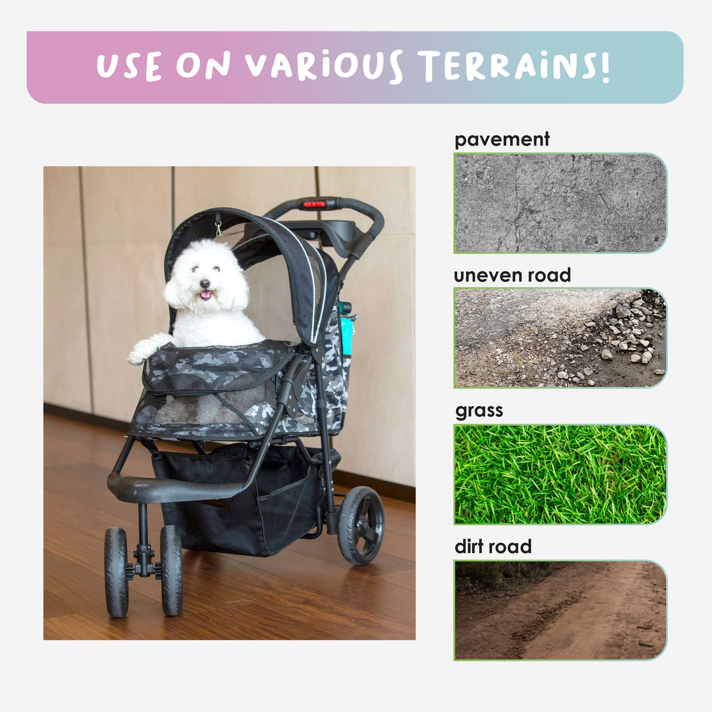 durable pet stroller on various terrains