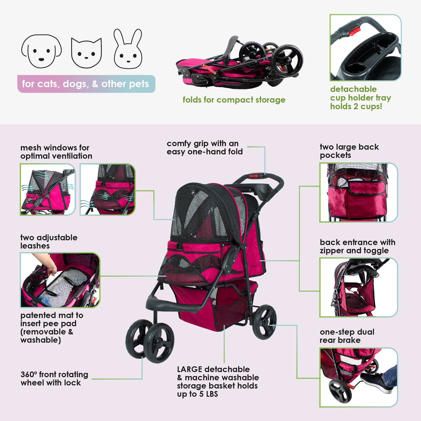 Petique Durable Pet Stroller with Rain/Weather Cover, Large Wheels, Easy Fold, Large Storage Basket, Secure Cup Holder Tray, for Small to Medium Dog, Cat, Bunny, Supports pets up to 55LBS - PINK