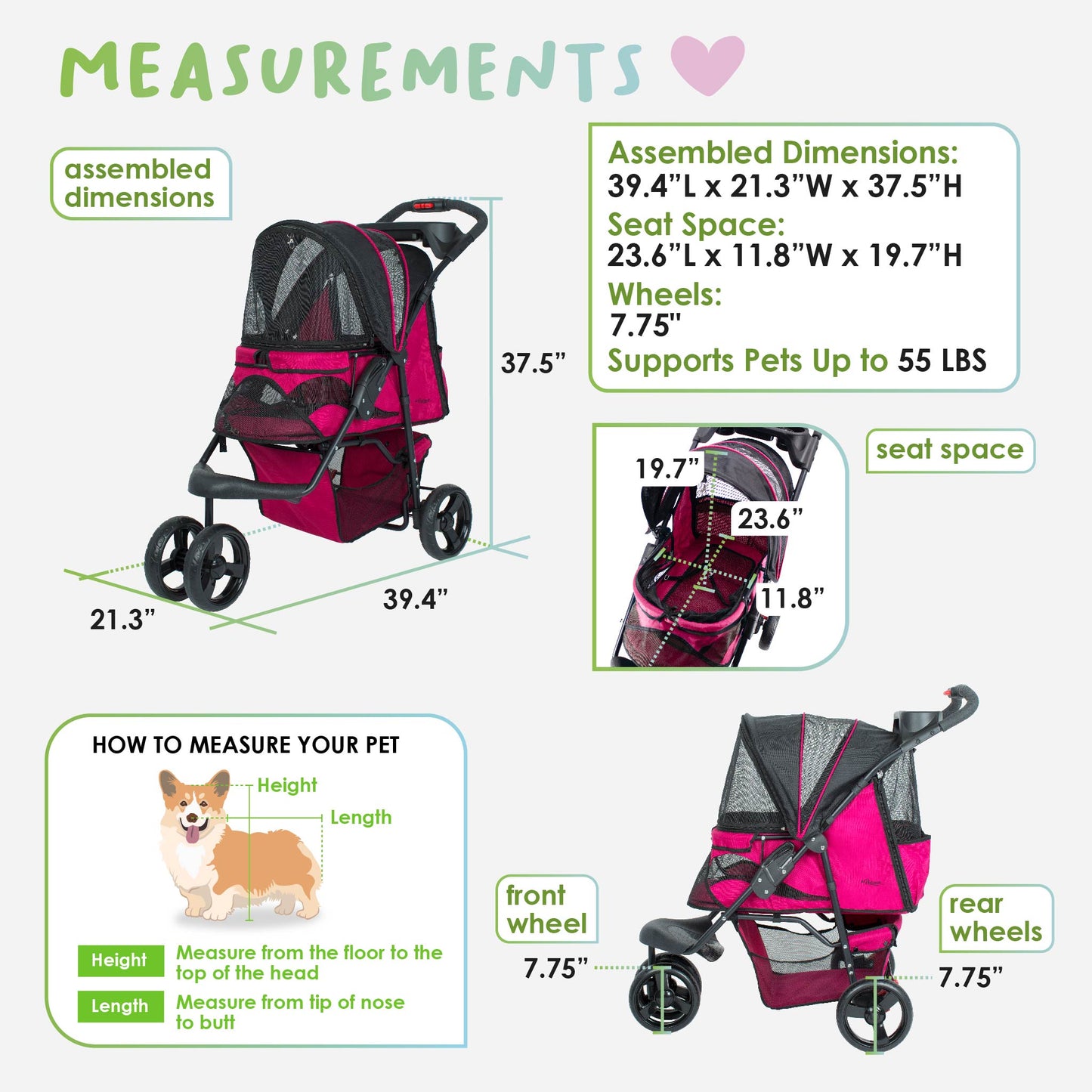 Petique Durable Pet Stroller with Rain/Weather Cover, Large Wheels, Easy Fold, Large Storage Basket, Secure Cup Holder Tray, for Small to Medium Dog, Cat, Bunny, Supports pets up to 55LBS - PINK