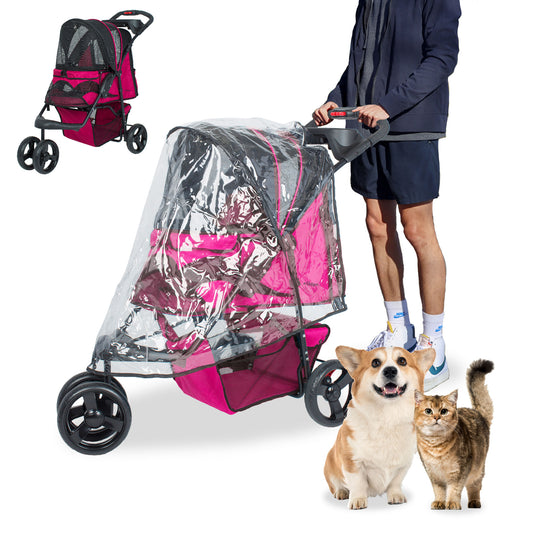 Durable Pet Stroller with Rain/Weather Cover, Large Wheels, Easy Fold, Large Storage Basket, Secure Cup Holder Tray, for Small to Medium Dog, Cat, Bunny, Supports pets up to 55LBS - PINK