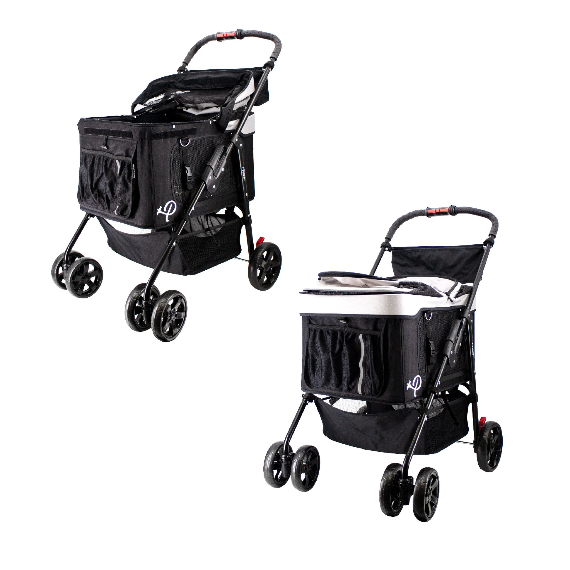 black pet stroller with canopy openings