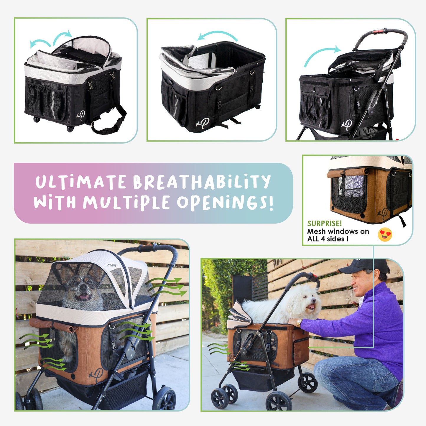 pet stroller with multiple windows