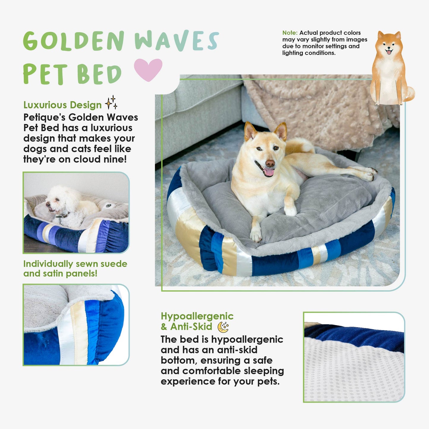 Golden Waves Pet Bed Soft Calming Pet Bed, Anti-Anxiety, Nonskid Bottom, Hypoallergenic, Premium Comfort Plus Pet Bed for Medium, Small Dogs/Cats, SUPPORTS UP TO 20LBS (23"x21"x5")