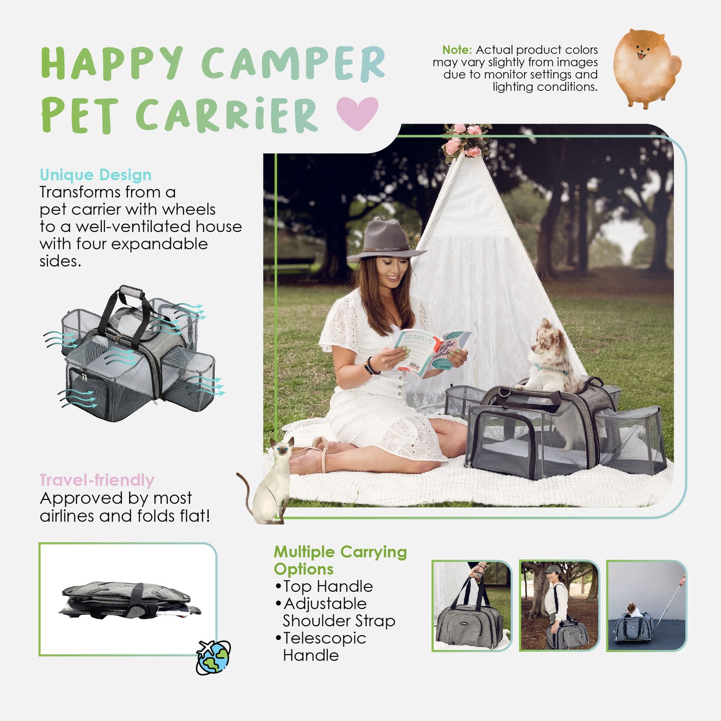 Happy Camper Expandable Pet Carrier + Chunky Monkey Dog Toy Bundle