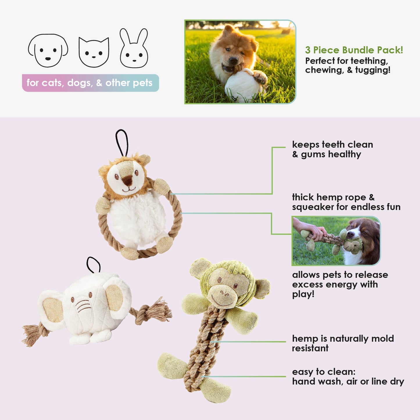 3 Piece Hemp Pet Toy Bundle Pack: Durable, Non-Toxic & Fun Dog Toys - Tough Rope & Squeaker Chew Toys for Safe, Healthy, and Happy Pets, Eco-Friendly & Mold-Resistant, Perfect for Chewers & Playtime, CE Certified Pet Toys