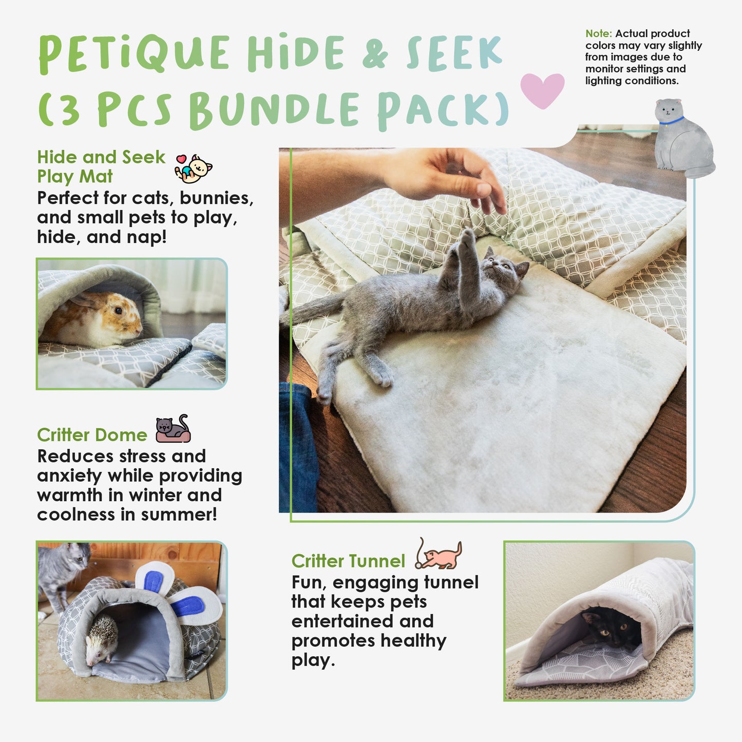 Hide & Seek 3 Piece Bundle Pack: Pet Sleep & Play House Bundle for Cats, Bunnies, Small Animals, Interactive Tunnel Mat, Critter Dome, and Critter Tunnel, Durable Fabric, Anxiety-Relief, Perfect for Play, Sleep, Easy to Clean, Pet Gift Set