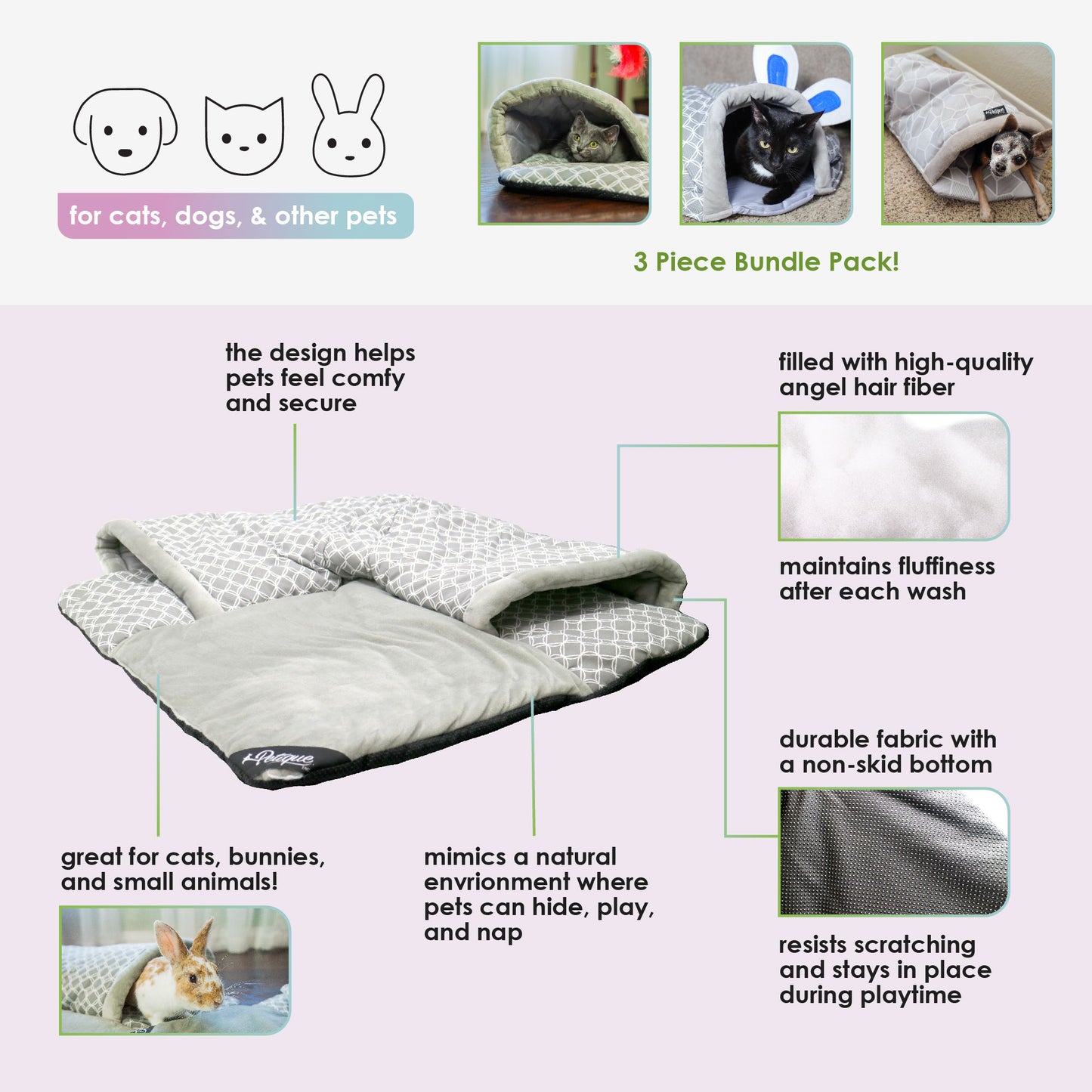 Hide & Seek 3 Piece Bundle Pack: Pet Sleep & Play House Bundle for Cats, Bunnies, Small Animals, Interactive Tunnel Mat, Critter Dome, and Critter Tunnel, Durable Fabric, Anxiety-Relief, Perfect for Play, Sleep, Easy to Clean, Pet Gift Set