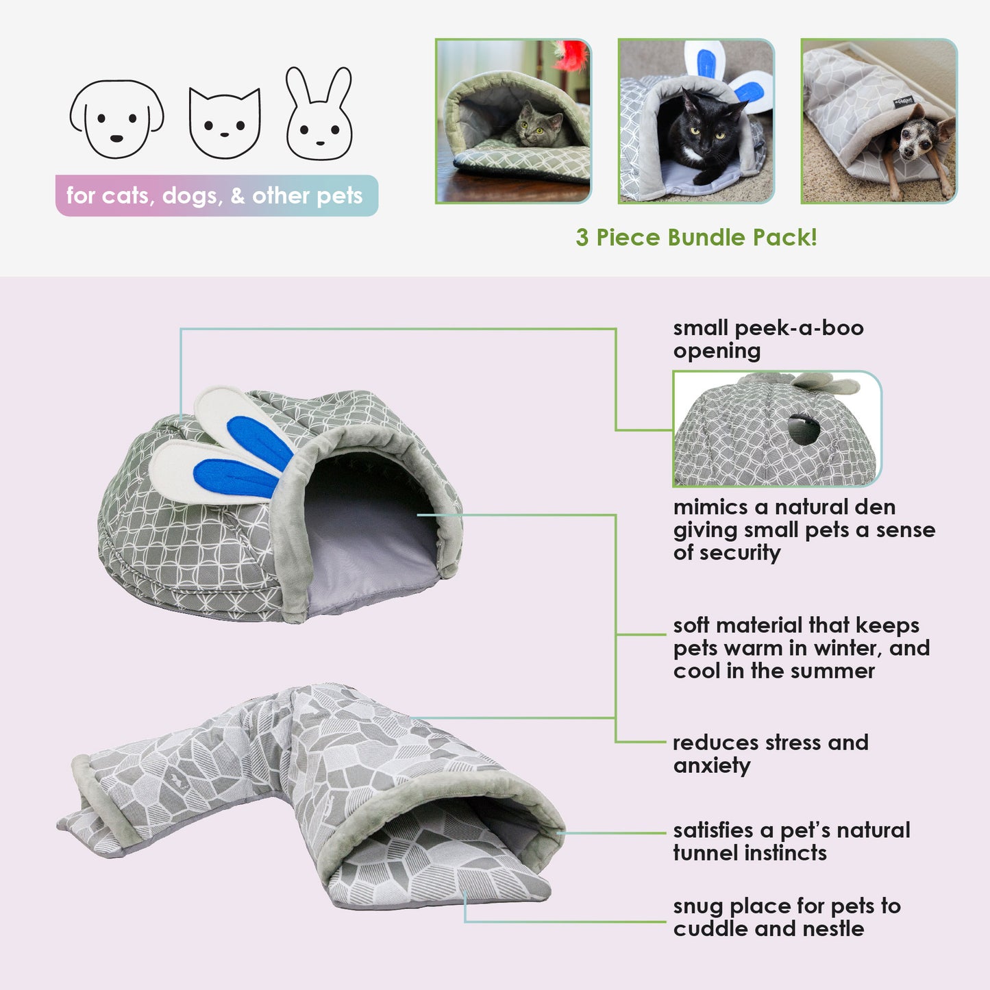 Hide & Seek 3 Piece Bundle Pack: Pet Sleep & Play House Bundle for Cats, Bunnies, Small Animals, Interactive Tunnel Mat, Critter Dome, and Critter Tunnel, Durable Fabric, Anxiety-Relief, Perfect for Play, Sleep, Easy to Clean, Pet Gift Set