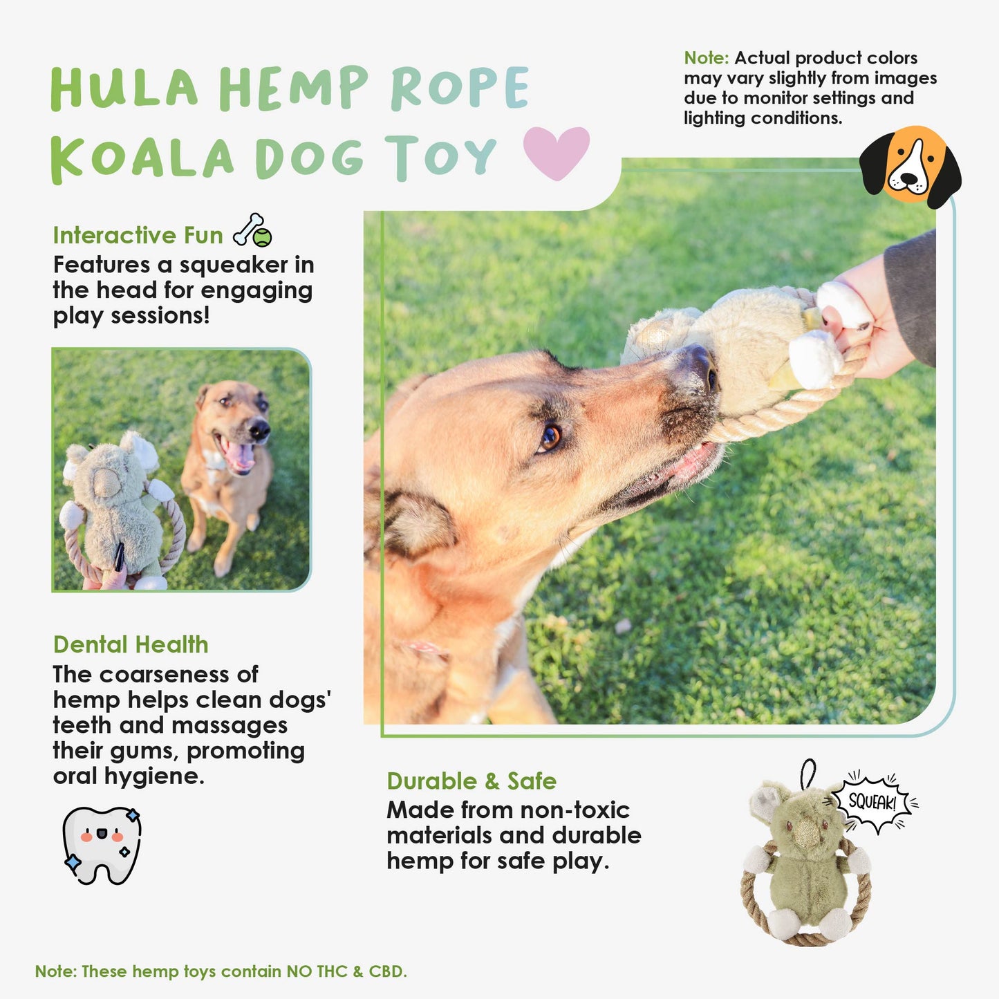 Hula Hemp Rope Koala Dog Toy: Fun Squeaker in Head, Stimulates Pets Mentally & Physically, Tough Hemp Rope for Holding, Fetching, & Tug of War, Non-Toxic, Cleans Teeth, Variety of Textures, for Pets