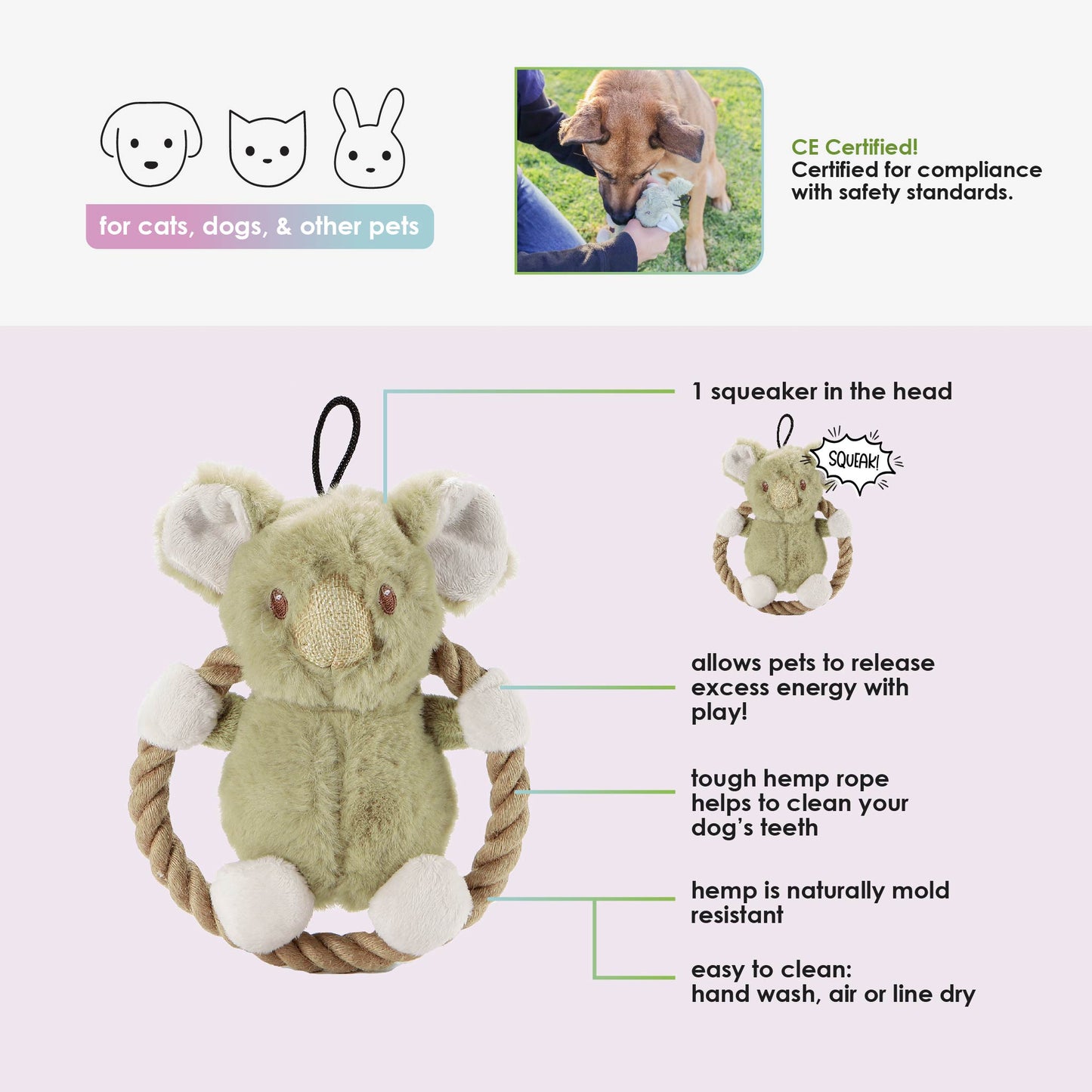 Hula Hemp Rope Koala Dog Toy: Fun Squeaker in Head, Stimulates Pets Mentally & Physically, Tough Hemp Rope for Holding, Fetching, & Tug of War, Non-Toxic, Cleans Teeth, Variety of Textures, for Pets