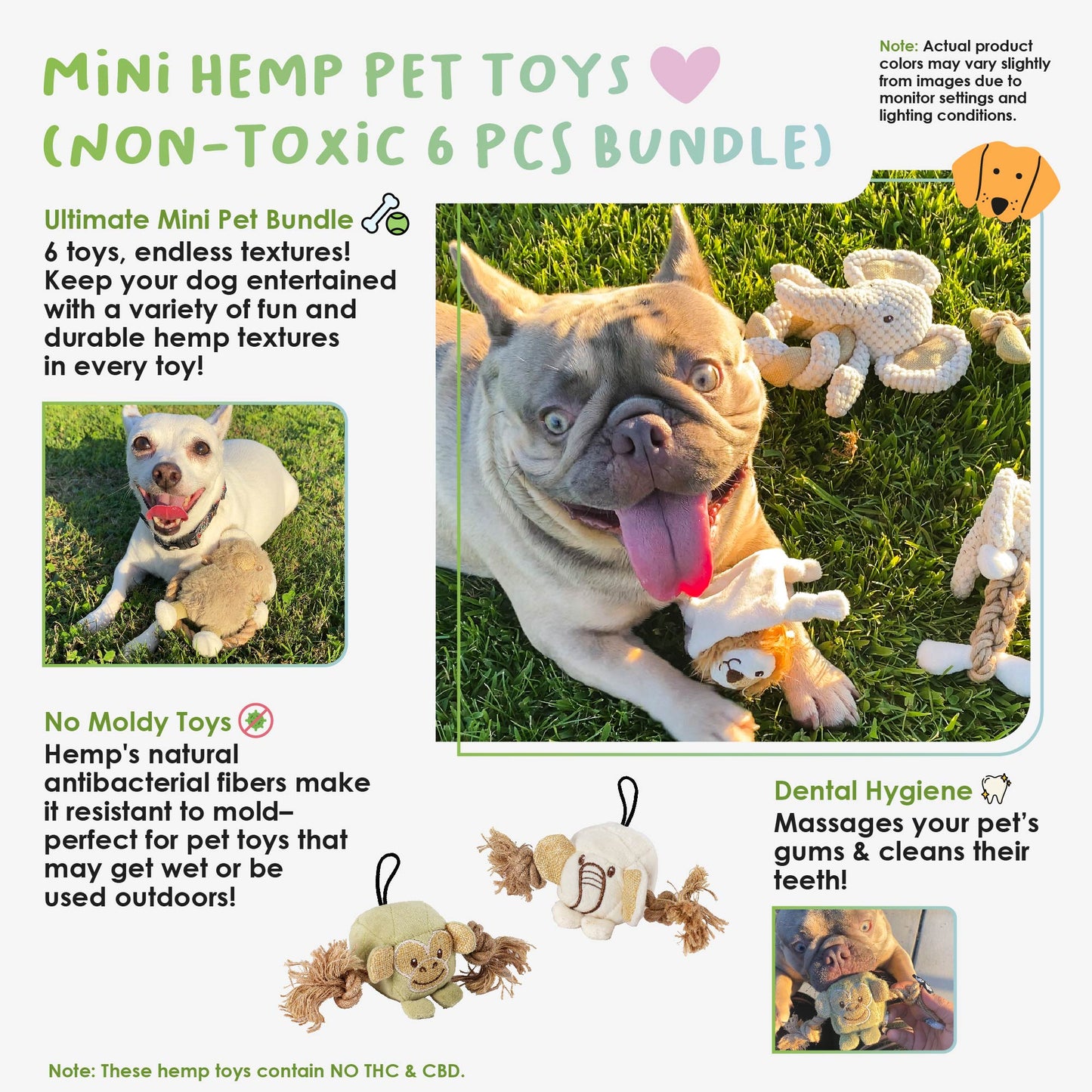 Petique 6 Piece Mini Hemp Pet Toy Bundle Pack: Eco-Friendly Pet Toys for Dogs & Cats, Non-Toxic, Durable, Squeaky Fun, Mentally Stimulating Chew Toys, Hemp Rope for Teeth Cleaning, Plaque Reduction, and Gum Massage, CE Certified Safe Pet Play Toys