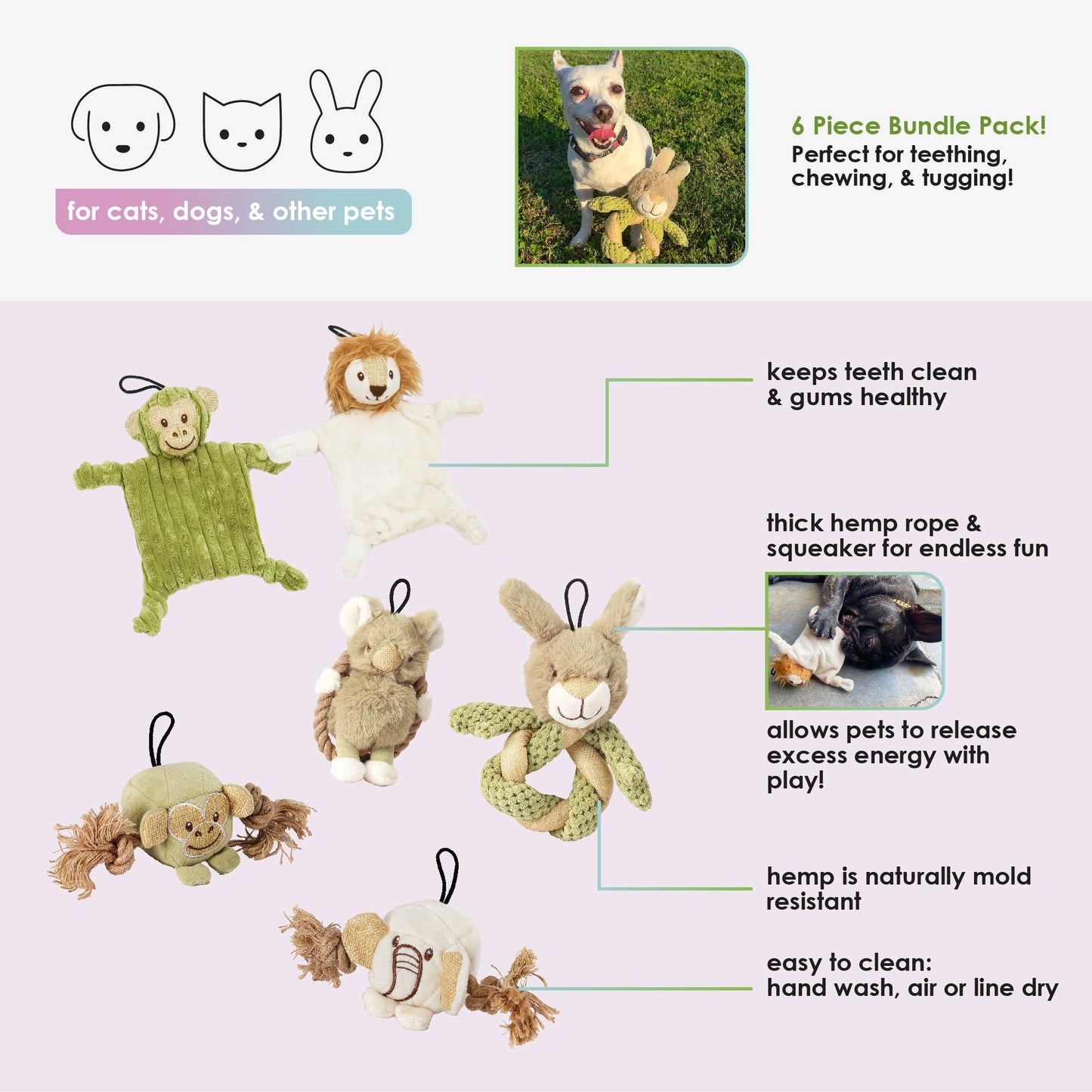 Petique 6 Piece Mini Hemp Pet Toy Bundle Pack: Eco-Friendly Pet Toys for Dogs & Cats, Non-Toxic, Durable, Squeaky Fun, Mentally Stimulating Chew Toys, Hemp Rope for Teeth Cleaning, Plaque Reduction, and Gum Massage, CE Certified Safe Pet Play Toys