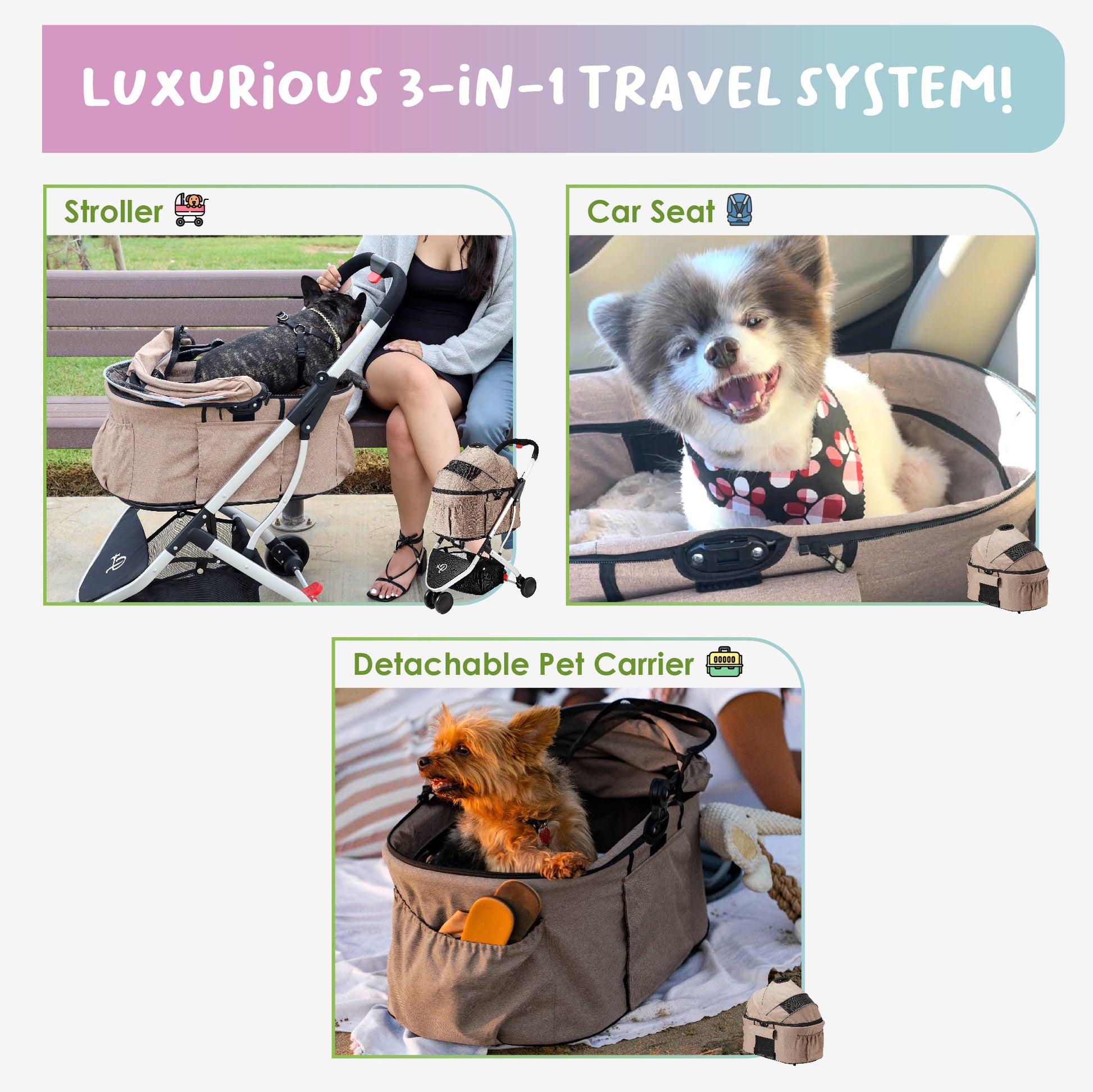 pet stroller turns into a car seat and pet carrier