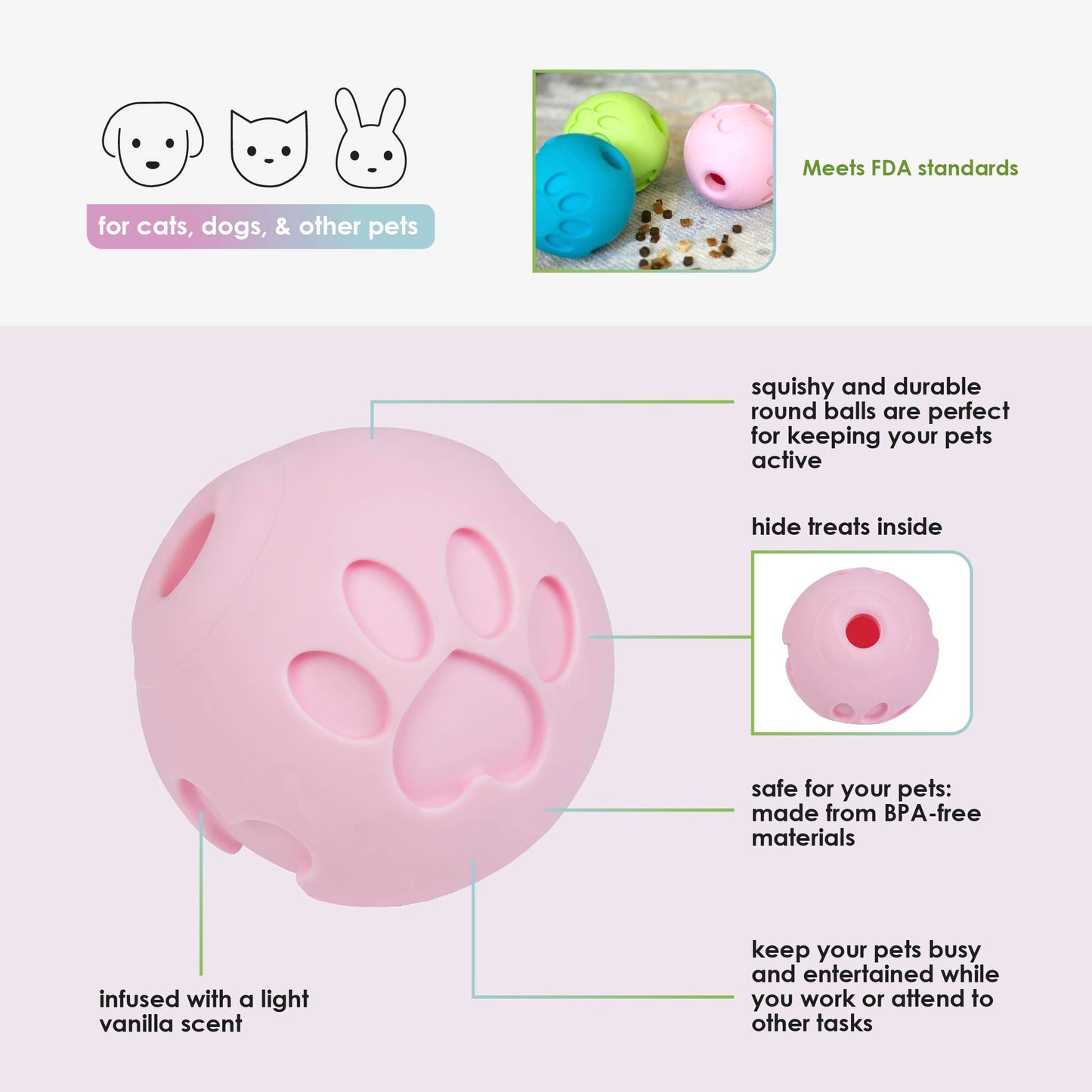 Pink Paw Me! Treat Ball Dispenser and Dog Toy: Engaging Design, Squishy Texture, Easy Rolling, Interactive Play, Keeps Pets Busy, Vanilla Scent, BPA-Free, FDA Approved for Dogs/Cats/Pets