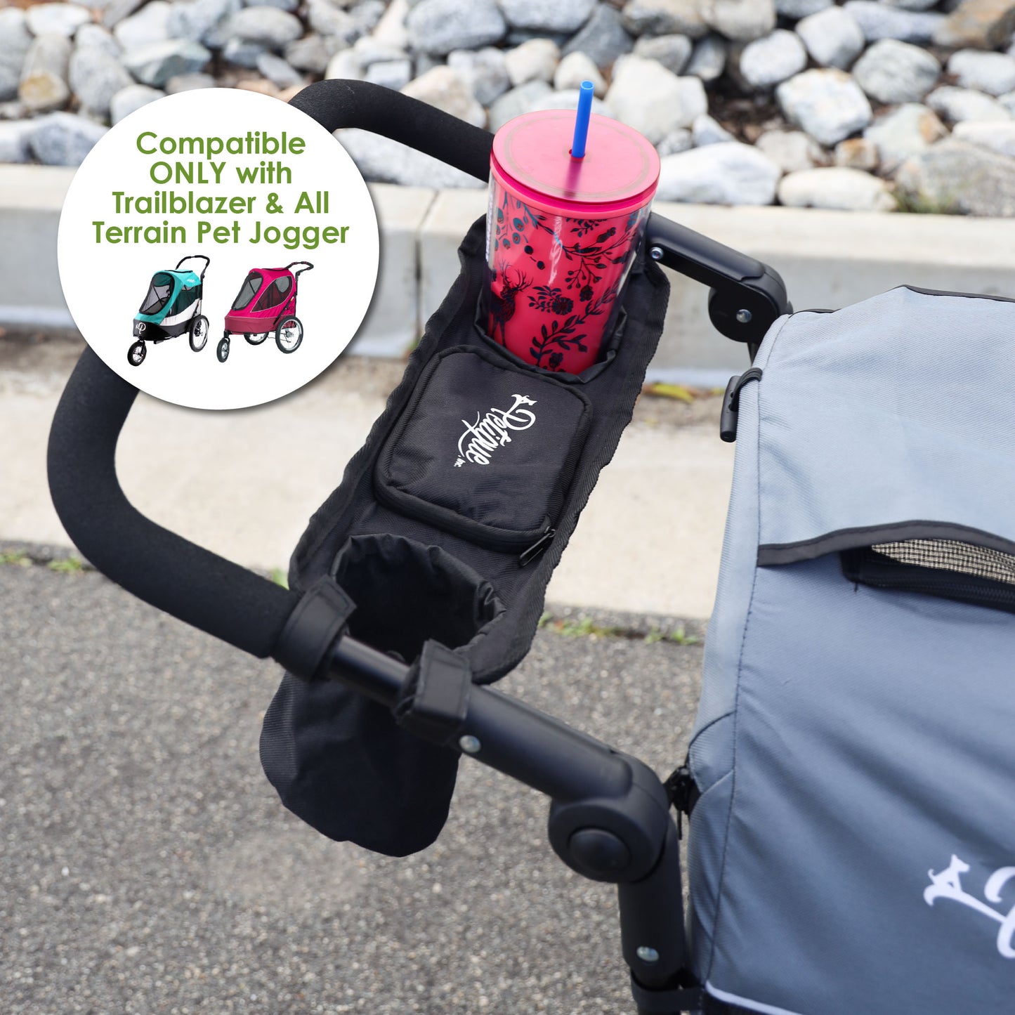 Portable Stroller Organizer: Easy Attach & Secure, Fits Pet Jogger/Stroller Handles, Stores Beverages, Phones, Treats, Keys, Foldable into Pouch, Secure Pocket, Holds 2 Cups, COMPATIBLE ONLY with our Trailblazer Pet Jogger & All Terrain Pet Jogger
